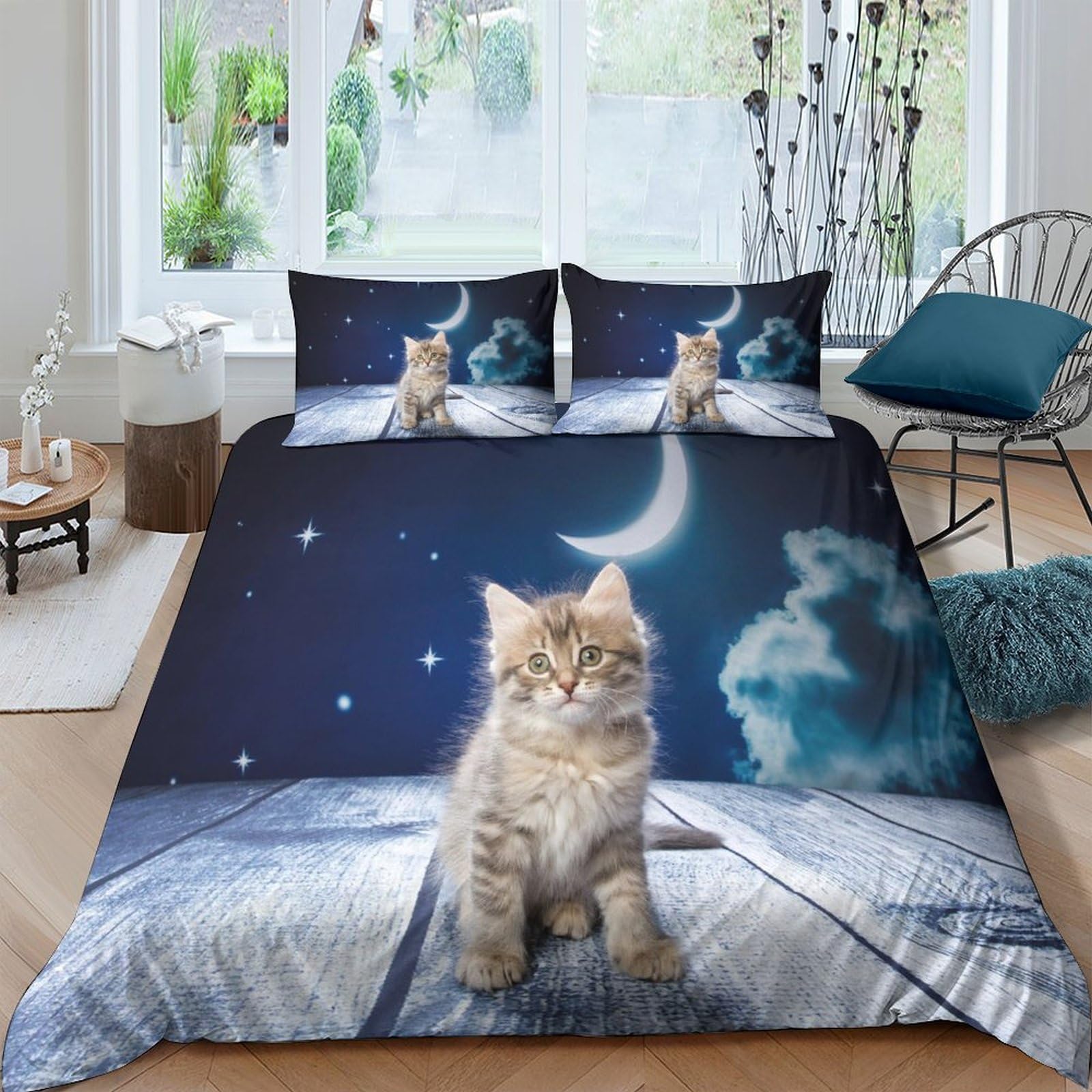 Ctjqhvkz Style-3 3D Printed Moon Night Cat Fitted Sheet Microfiber Soft Bedroom Decor Starry Sky Bed Cover Mattress Protector Single（135X200cm）