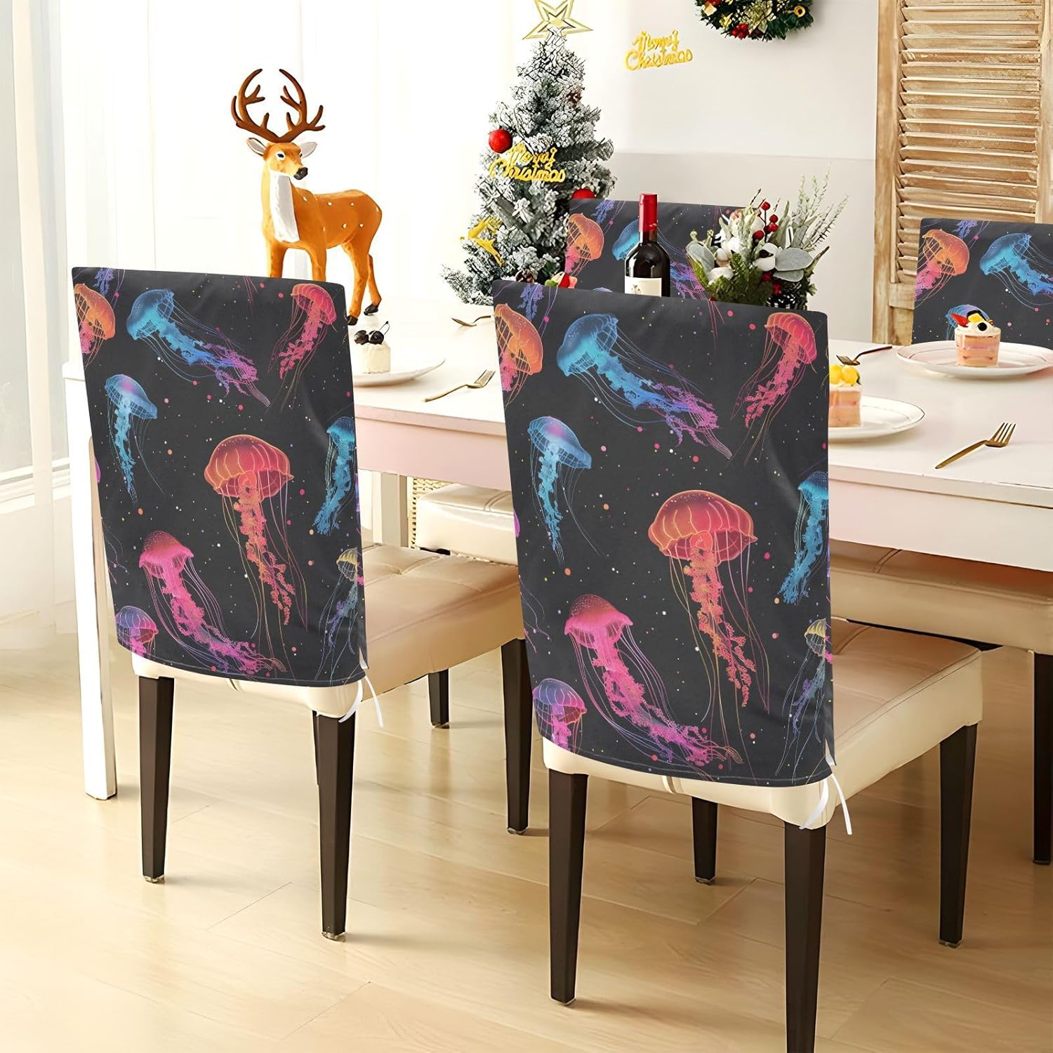 ALAZA Bright Color Jellyfish Chair Back Cover Set of 6, Washable Reusable Removable Chair Slipcovers Decorative Chair Cover for Home Kitchen Wedding Party