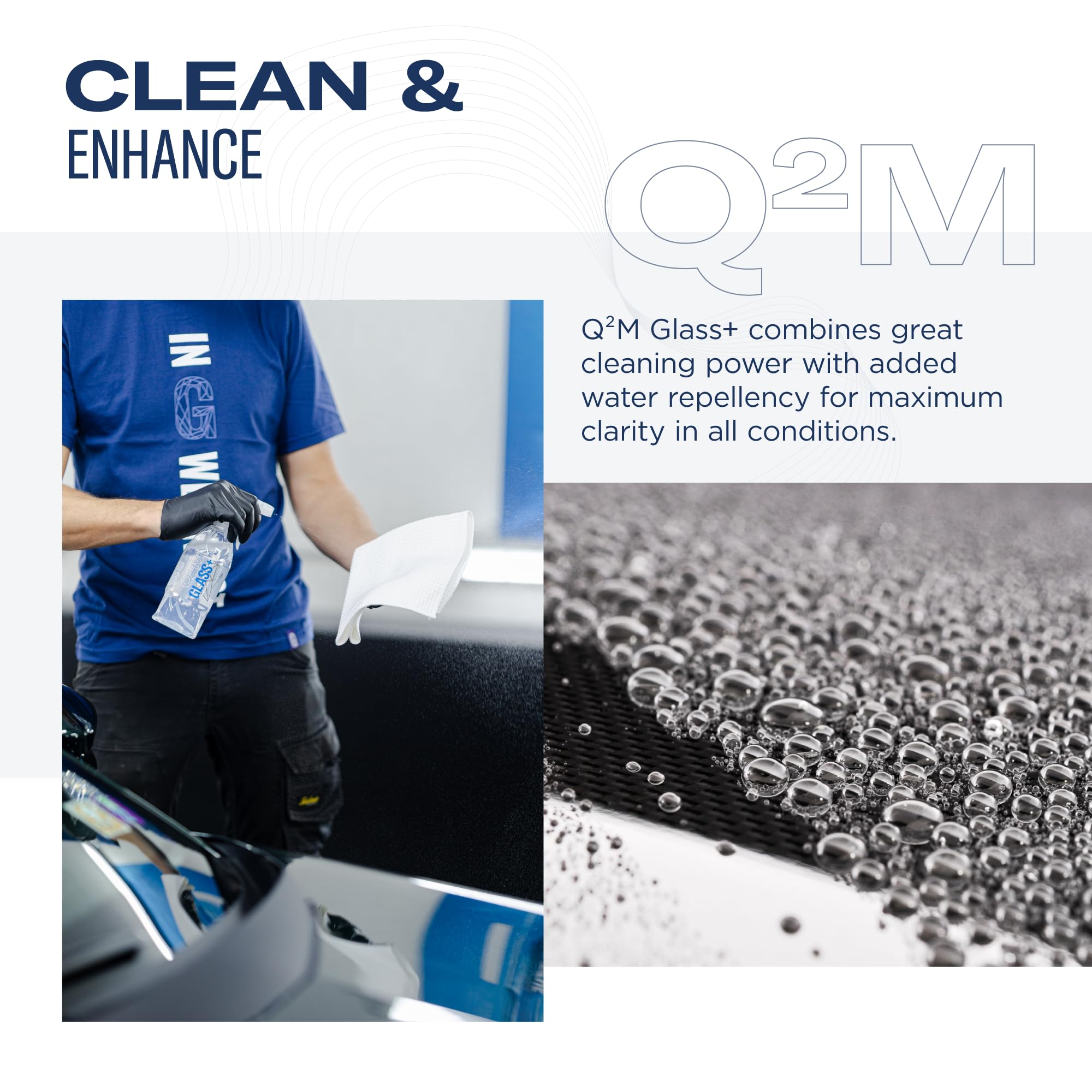 GYEON Q²M Glass+ - Limpiador hidrofóbico de cristal para coche, visión mejorada en todas las condiciones, autolimpiante y repelente al agua, superficie lisa y antiestática, kit de mantenimiento de