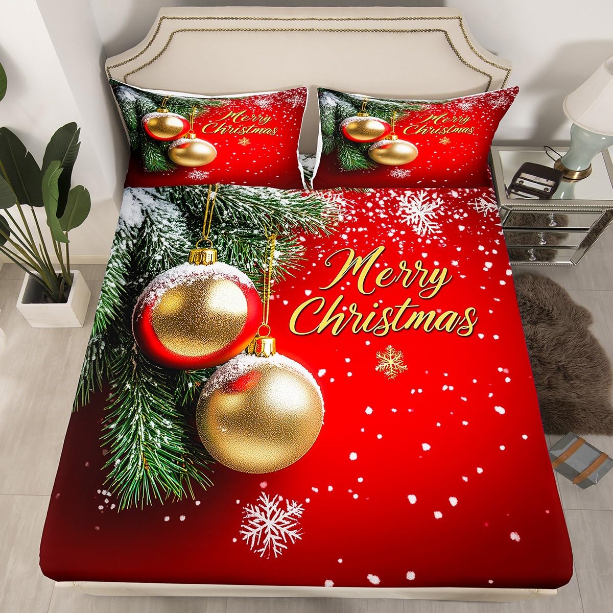 Homewish Juego de ropa de cama con diseño de campanas de Navidad doradas, sábana bajera ajustable de copo de nieve, para niños, adolescentes, niñas, adultos, temática de Año Nuevo, 3 piezas