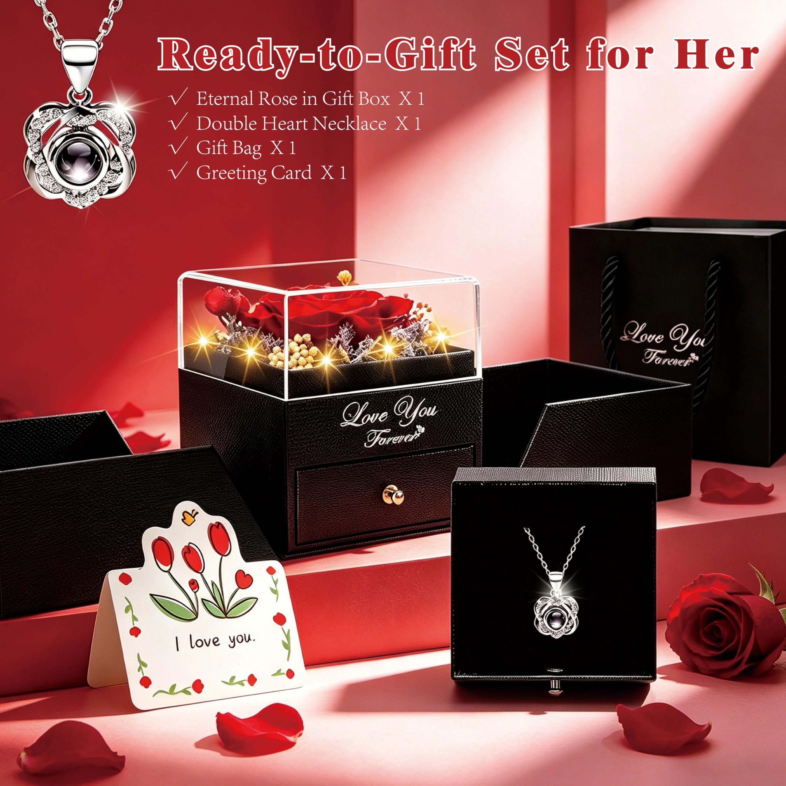 Rosa preservada real roja y collar con frase “te amo”, flores eternas, regalo de cumpleaños para mujer, mamá, esposa, novia, abuela, en San Valentín, Día de la madre, Navidad o aniversario 4