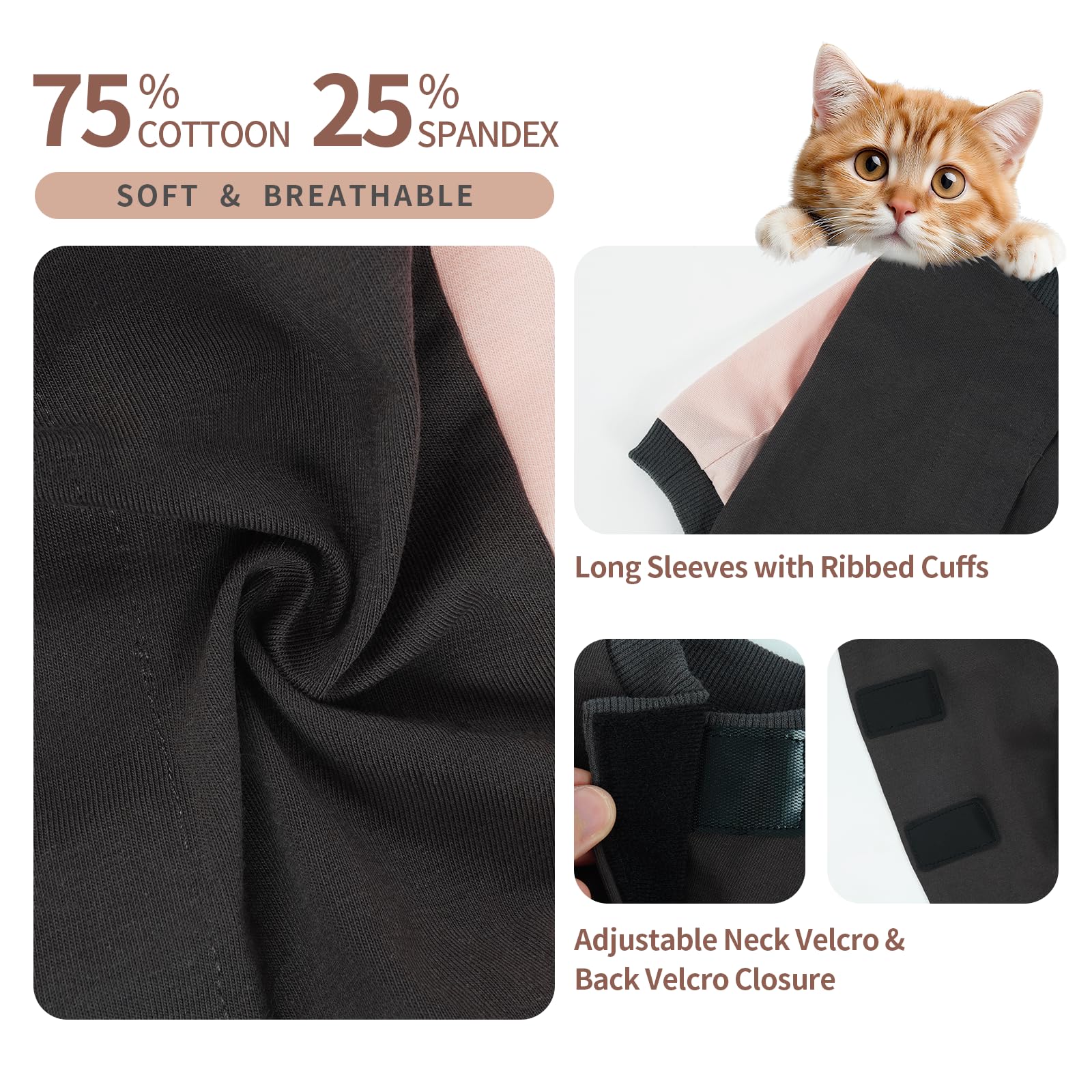 Combinaison Chat après Chirurgie Coton, Body Chat Anti Léchage Doux et Élastique, Vêtement de Protection Plaies Abdominales avec Manches Longues, Fermeture Scratch Facile à Enfiler, Rose poudré XL