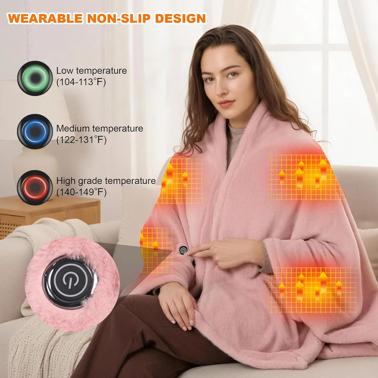 Heated Blanket Battery Operated with Fleece Lining 7.4V 16000mAh Battery 62" x 35" Heated Shawl Wraps for Women Men Cordless USB Outdoor Portable Electric Blanket 6 Heating Zones Rose