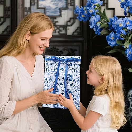 Miniatura 5 de LaRibbons Rollo de papel de regalo reversible floral azul, 17 pulgadas x 33 pies (46.7 pies cuadrados), diseño de peonía azul y blanco para regalo