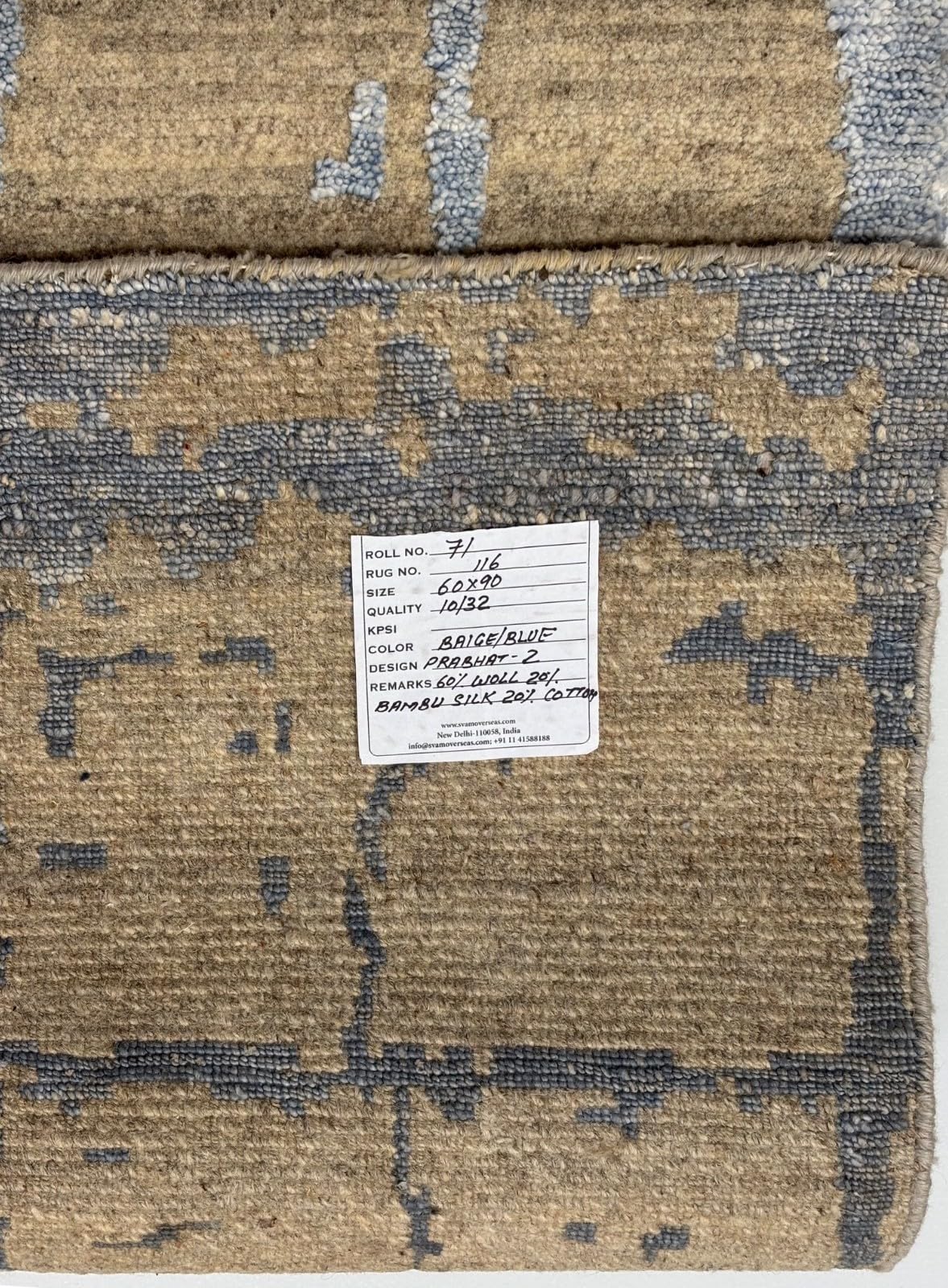 R116 Tapis design noué à la main - En laine de bambou - Beige et bleu - Brillant soyeux - 60 x 90 cm