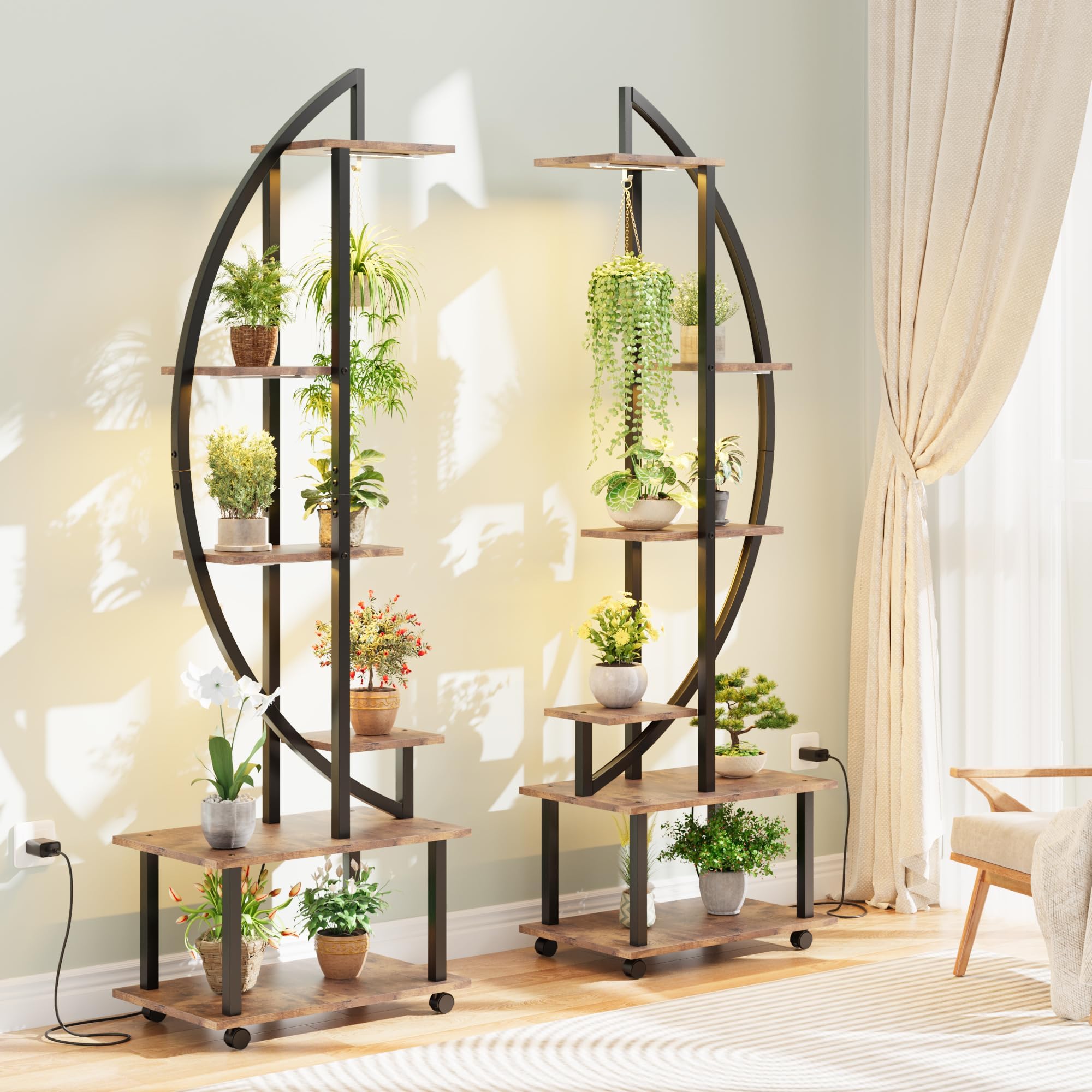 GarveeHome 6-Etagen Pflanzenregal Mit Wachstumslicht – Halbmond-Förmiges Blumenregal Mit Abnehmbaren Rädern & Schubladen, 187cm Hoch Metall Holz für Innen Fensterbank Wohnzimmer(2 Stück, Braun)