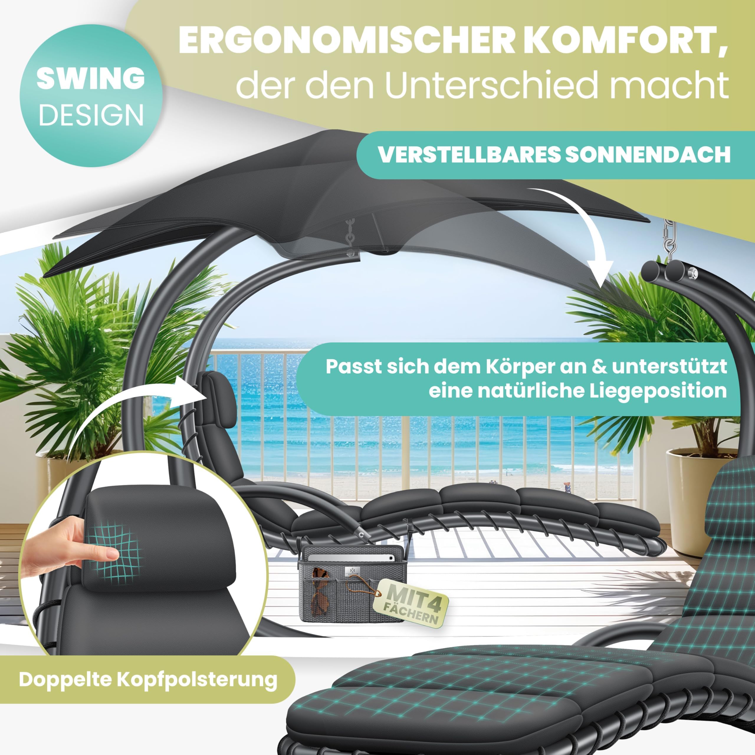KESSER® Schwebeliege mit Sonnenschirm, Hängeliege, Sonnenliege H200, L194, B100 cm, Relaxliege, Schaukelliege Hängematte, bis 120 kg belastbar, Auflagen - Nackenkissen, Inkl. Tasche