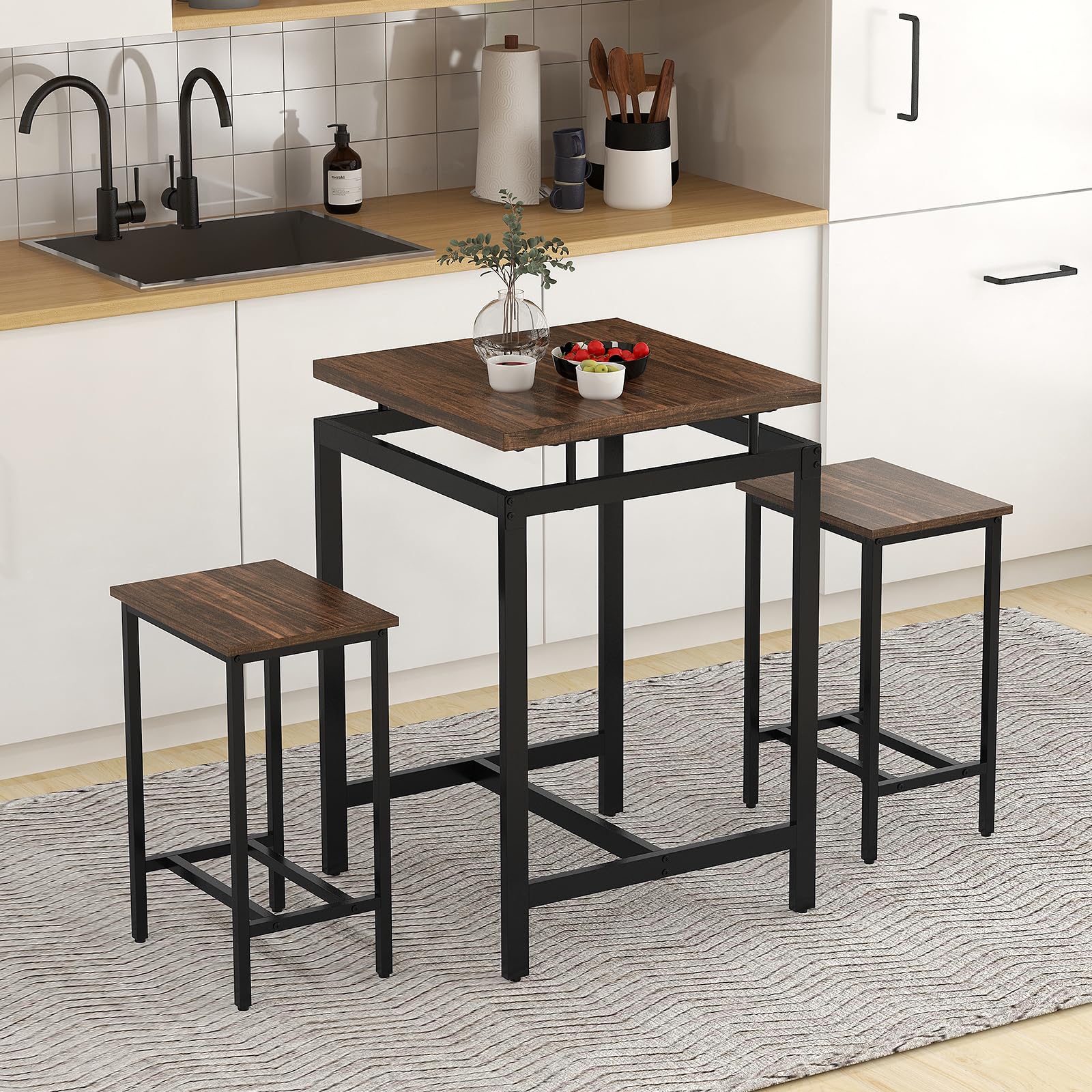 GIANTEX Table de bar avec tabourets de bar, table à manger et 2 chaises, petite table de cuisine de hauteur de comptoir, table haute avec plateau flottant, ensemble de salle à manger, design