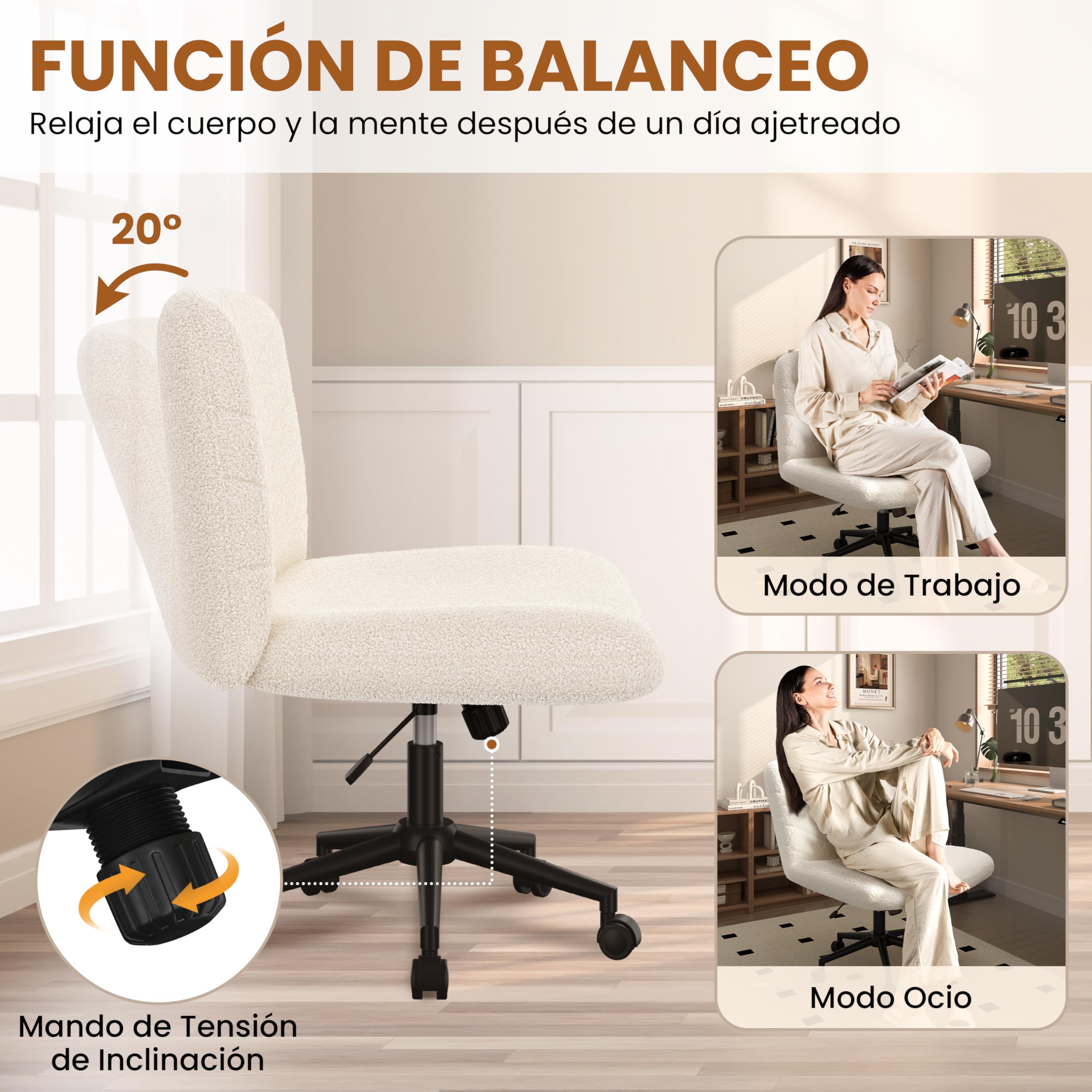 Yaheetech Silla de Oficina con Reudas, Silla Piernas Cruzadas con Función Mecedora, Ancha Sila de Escritorio para Juegos, Silla de Maquillaje sin Brazos para Casa, Marfil