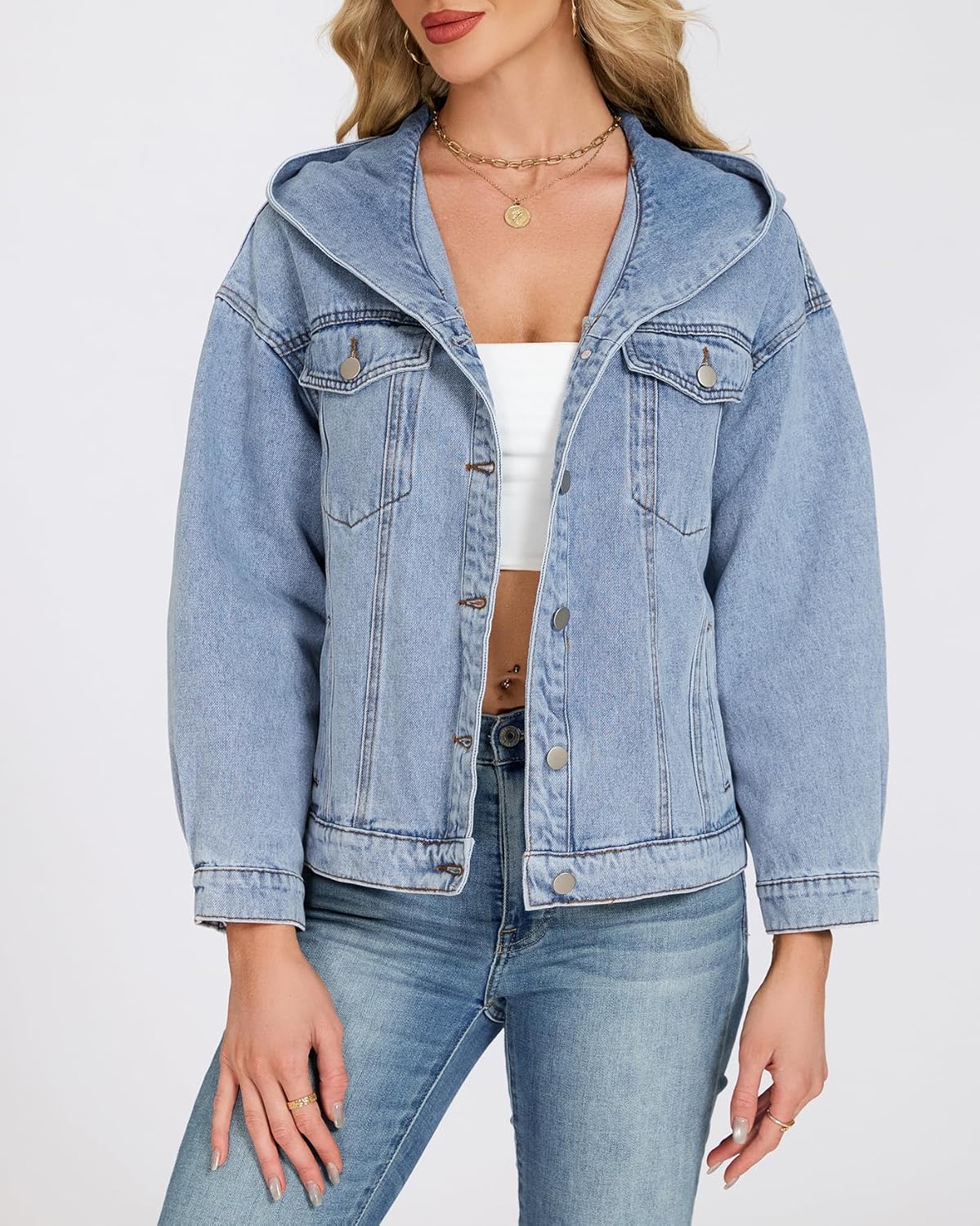 Kedera Women's Oversized Hooded Denim Jacket Long Sleeve Button Down Shirts Coat Fall Winter Boyfriend Outfit - Image 5