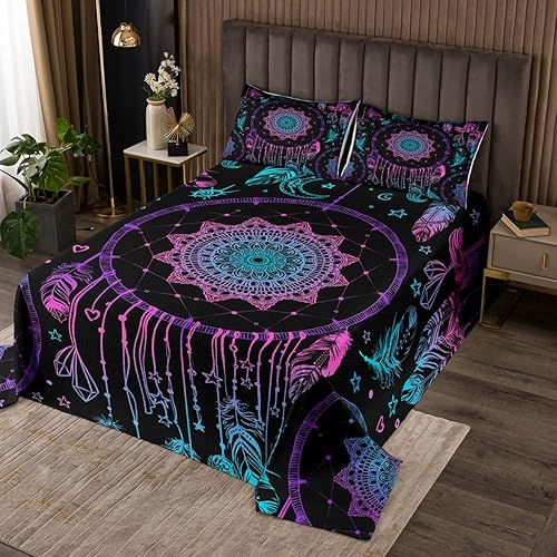 Erosebridal Juego de colcha con diseño de mandala bohemio para niños, diseño de plumas de color verde azulado, acolchado, tribal, exótico, tamaño