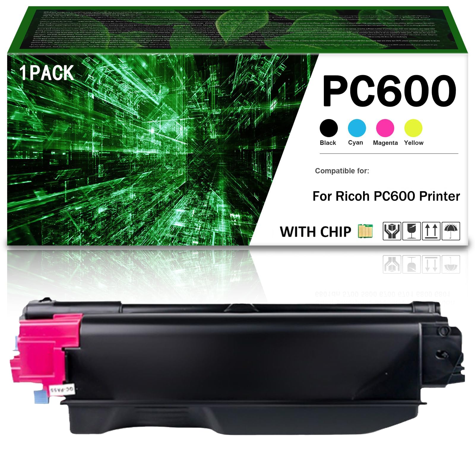 Lot de 4 cartouches de toner haute capacité pour imprimante PC600 (références 408314 408315 408316 408317). Capacité : 18000 pages en noir blanc, 12000 pages en cyan magenta eaune,Magenta-1Pack