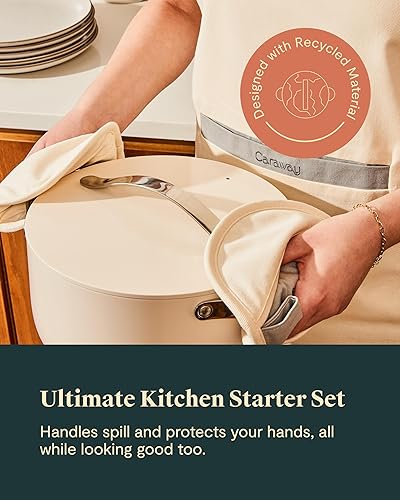 Miniatura 5 de Caraway Juego de lino Delantal, soportes para ollas, guantes de horno y paños de cocina 100% algodón orgánico Duradero, lavable a máquina
