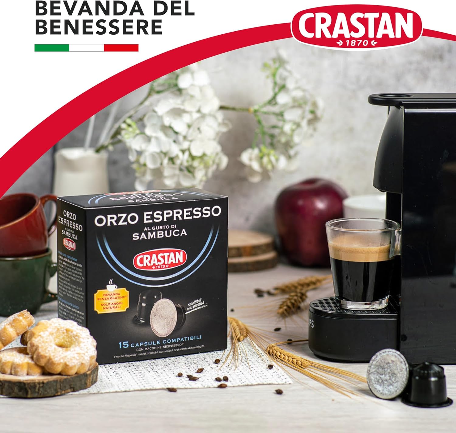 CRASTAN 1870, 15 Capsule, 1 Box da 15 Capsule di Orzo Espresso al Gusto Sambuca, Capsule Compatibili con Sistema Nespresso, Bevanda Senza Glutine, 100% Made in Italy Orzo alla Sambuca 15 unità (Confezione da 1) - Immagine 4