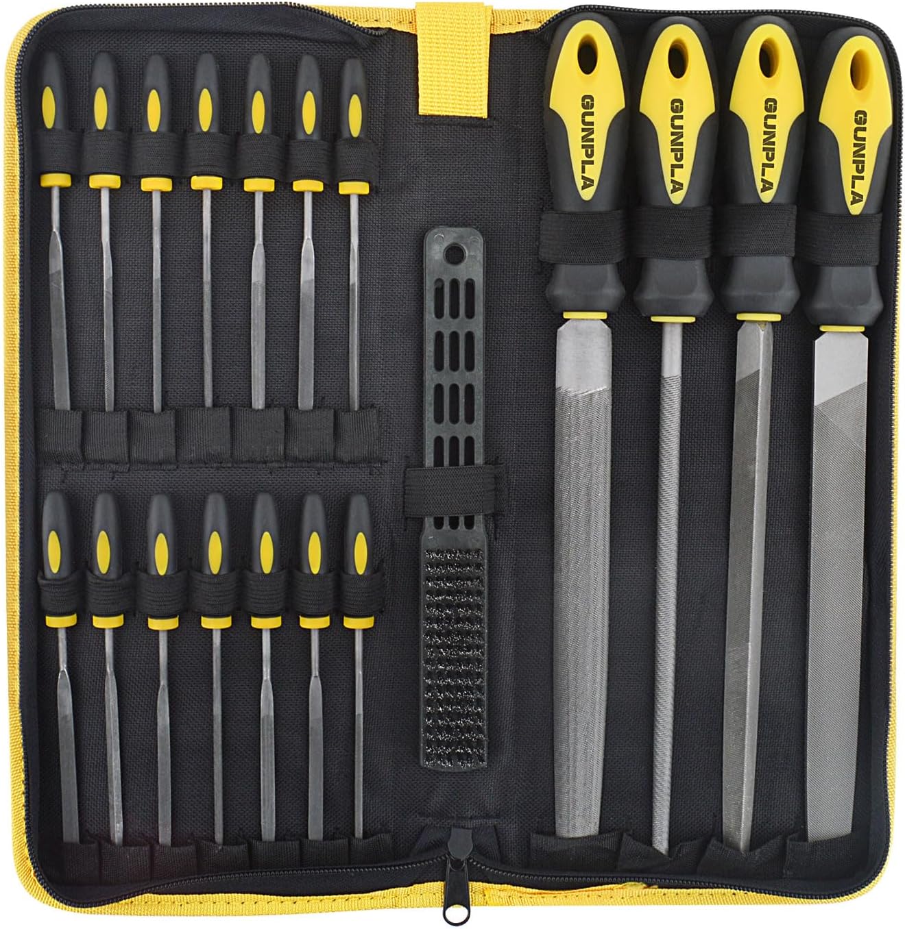 Gunpla 19 Pieces File Set, Long Metal Files Kit Rasp Needle Flat Warding Square Triangle Round Nonslip Rubber Ergonomic Handle Professional DIY Tools with Copper Brush for Shaping Wood Metal Diamond