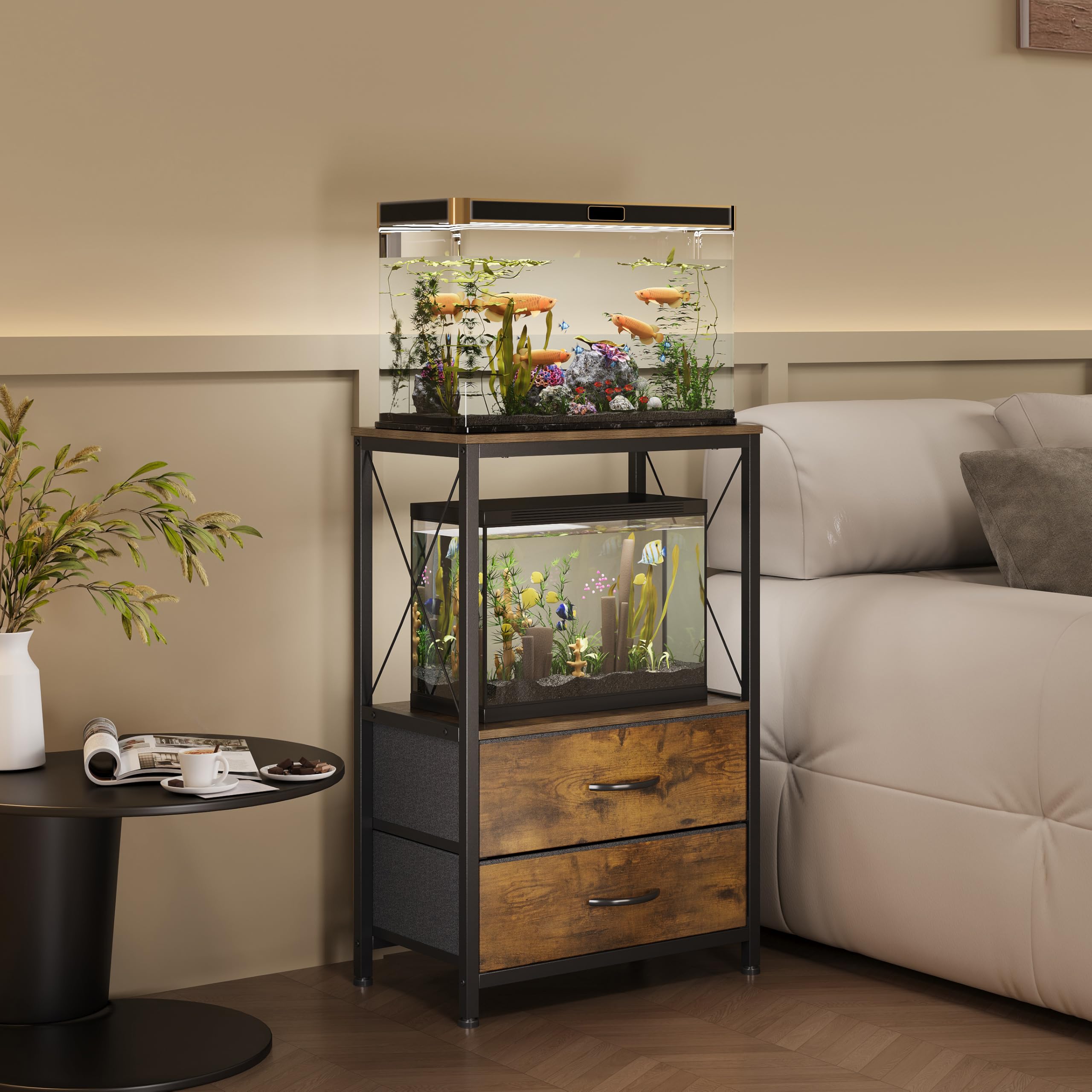 Soporte para acuario, 38 L, con 2 cajones, para peces, tortugas y reptiles, mesa de 2 niveles, marrón rústico