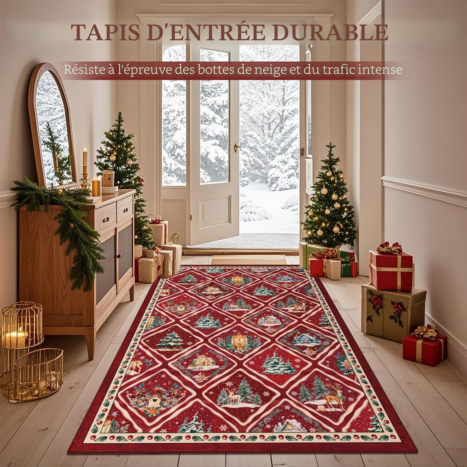 Tapis de Noël pour salon, 120 x 180 cm, lavable, rouge, antidérapant, doux, à poils courts, pour salle à manger, chambre d'enfant, bureau, décoration de vacances