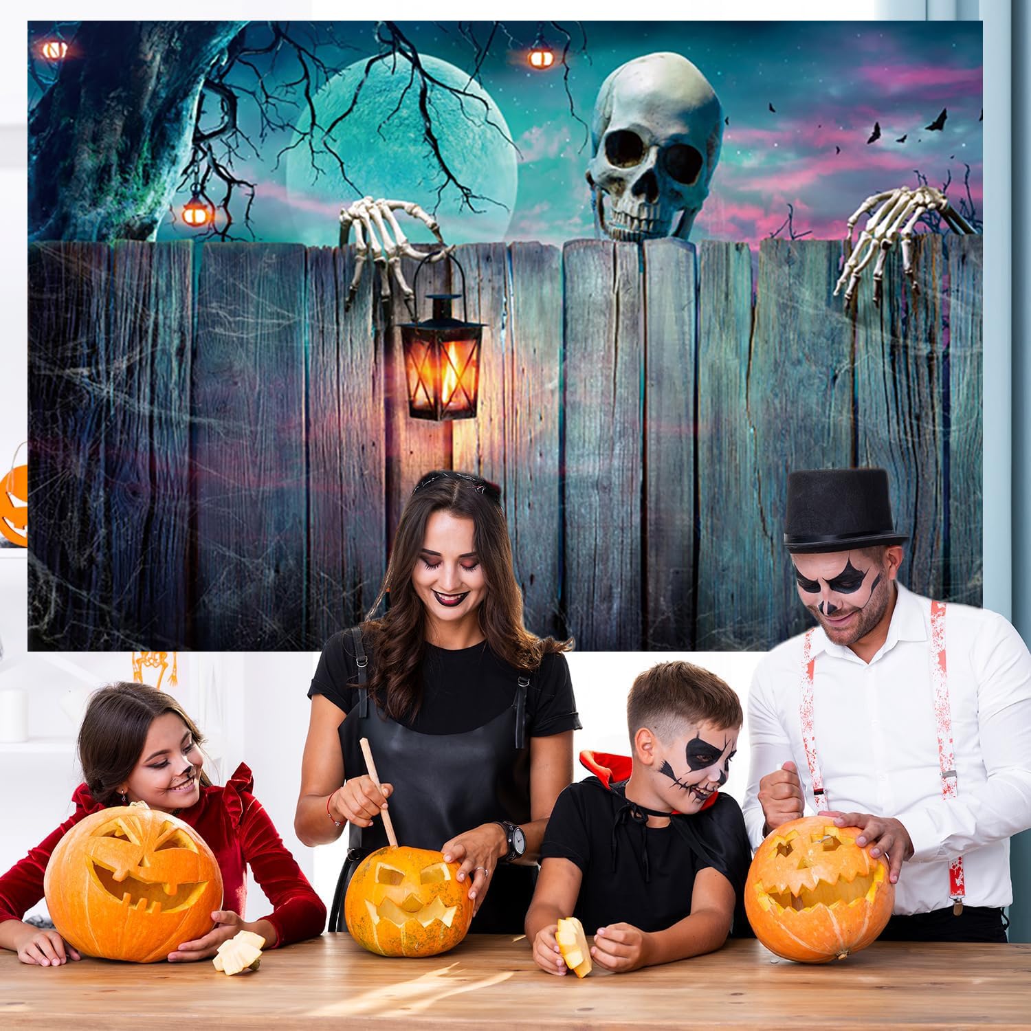 Halloween tło księżyc w pełni księżyc w nocy, przerażająca czaszka, szkielet, duch, vintage, drewno, fotografia, tło Halloween, noc, impreza, dekoracja, baner, rekwizyt do zdjęć