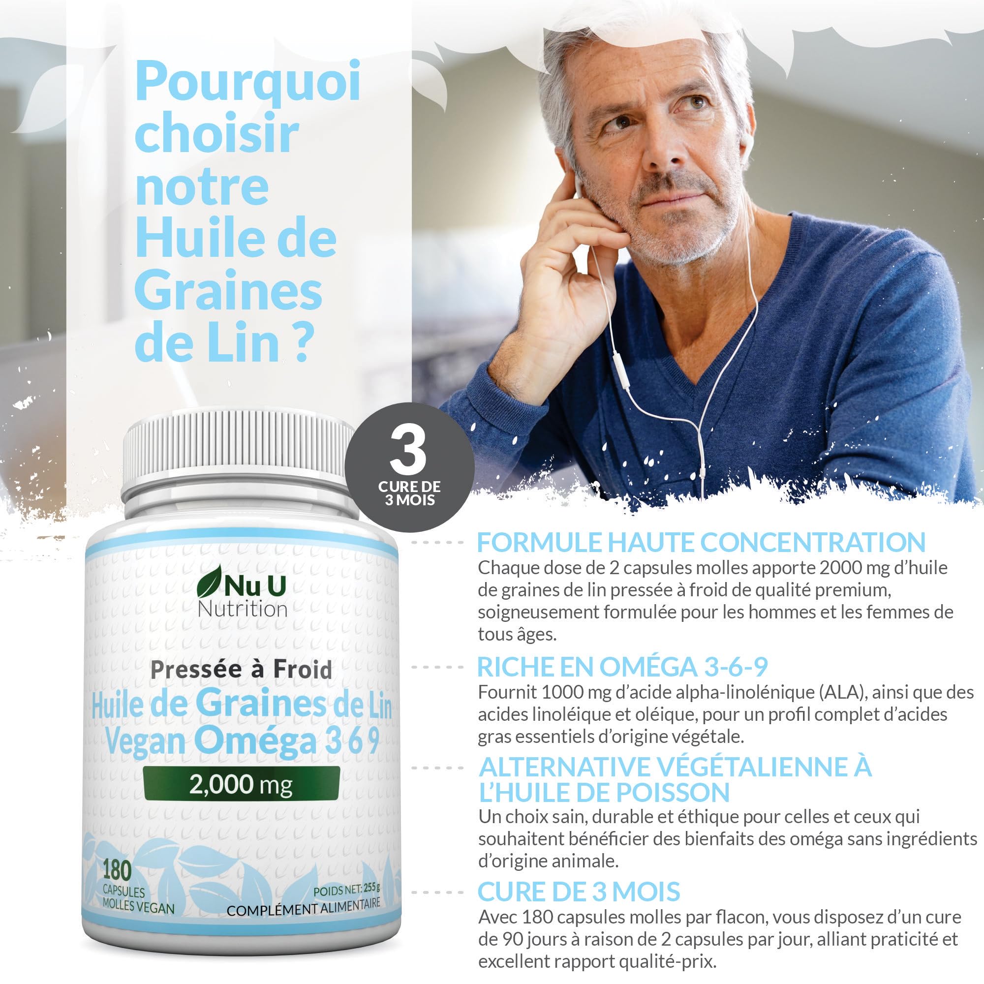 Huile de Graines de Lin Végétalienne 2000mg – 180 Capsules Molles – Pressée à Froid, Source Riche en Oméga 3-6-9 | Cure de 3 Mois – Fabriquée en Europe – Nu U Nutrition