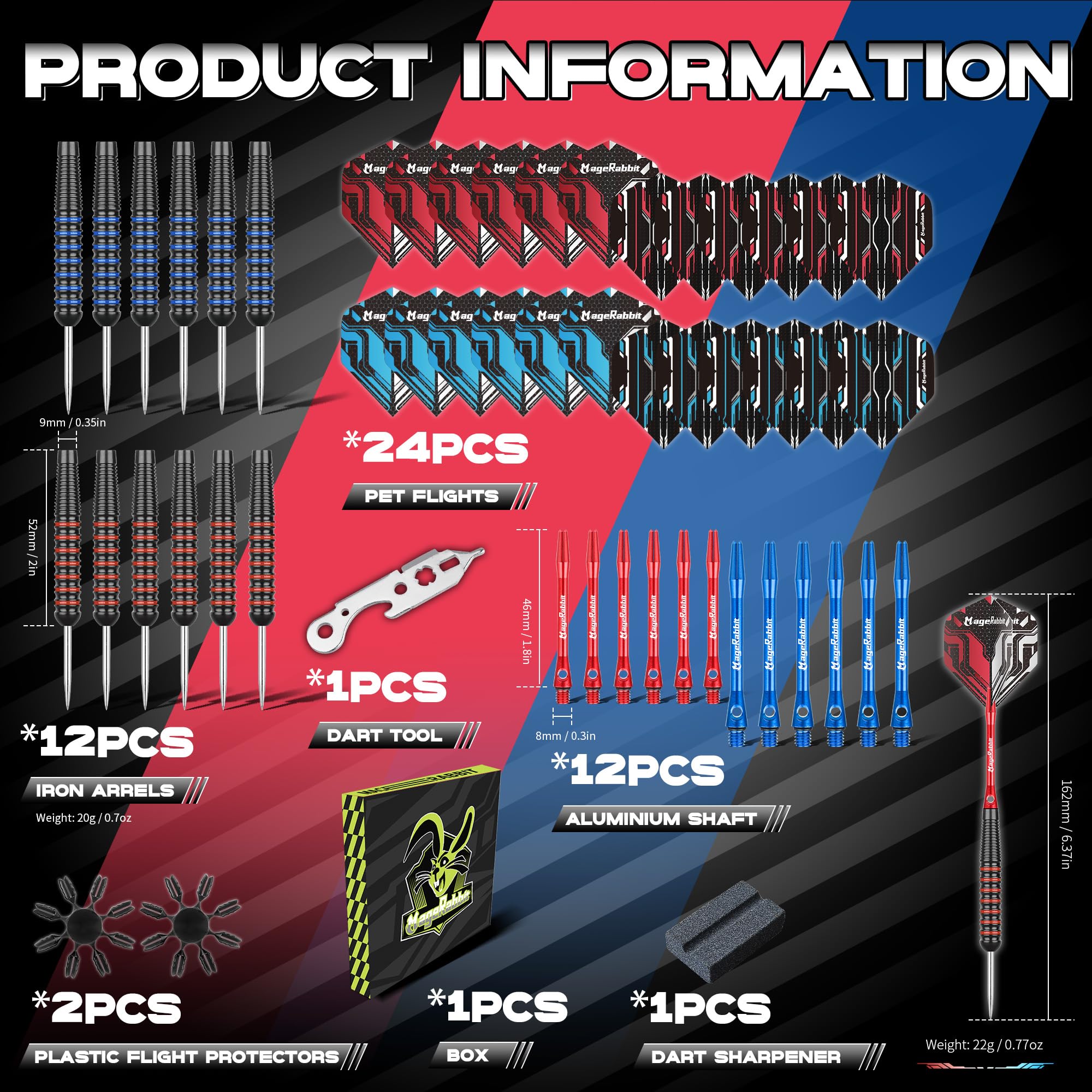 MageRabbit 3pcs Steel Tip Darts , Fléchettes Pointe Acier 3 pcs 18g Fléchette Professionnelles 6 Ailes 3 Fléchette s avec 20 Anneaux en Caoutchouc Outil à Anneaux en Laiton Fléchette