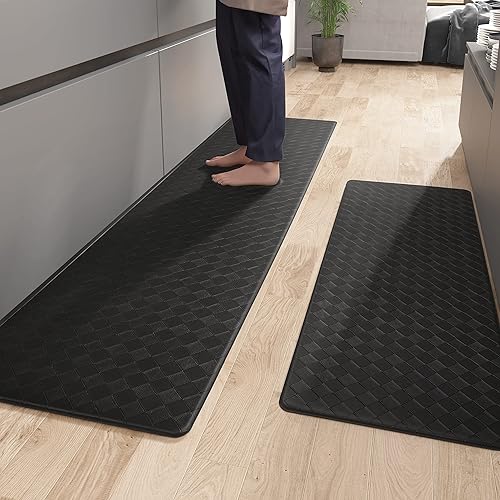 Color&Geometry Kitchen Rugs Non Slip, Kitchen Rug Set of 2 for Floor Cushioned Anti Fatigue, Foam Padded Kitchen Mat Set for Standing Comfort, Black Kitchen Rug 17"X29"+17"x59"