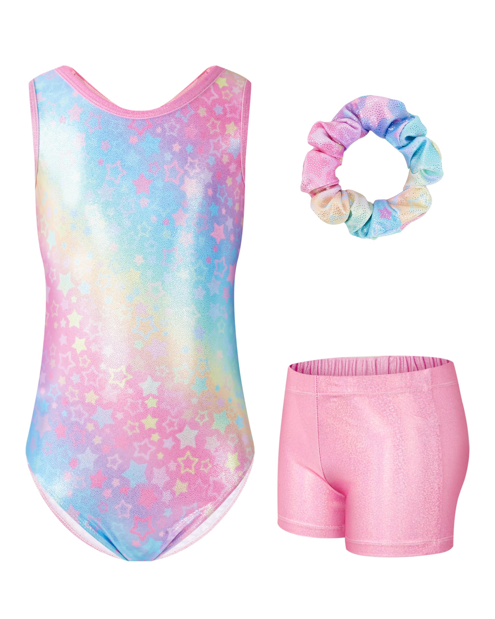 JiAmy Gymnastikanzug Mädchen, Turnanzug Kinder mit Hose Haarband Set, Glänzendes Gymnastik Turnanzug Leotard für 11-12 Jahre
