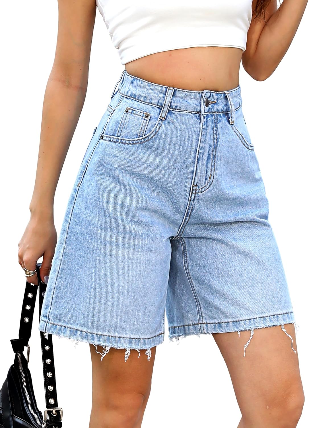 ELLEVEN Bermuda Jorts Baggy Jean Shorts - Casual Loose Fit Wide Leg Knee Length Denim Shorts with Elastic Waist - Image 4