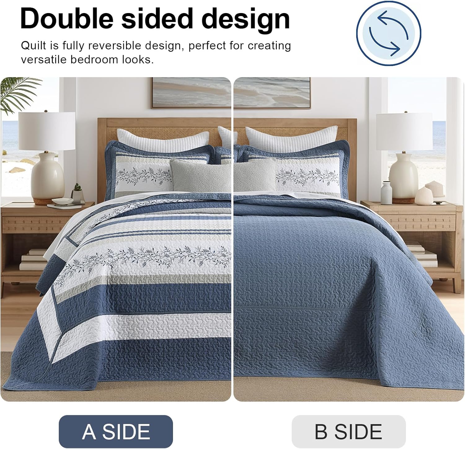 Quilta 100% Cotton Bedspread Oversized Queen Size - 102"x120" Blue Stripe Quilt Set with Botanical Pattern, Lightweight Comforter, Textured and Luxurious Farmhouse Coverlet Set, Blue/Cream/White