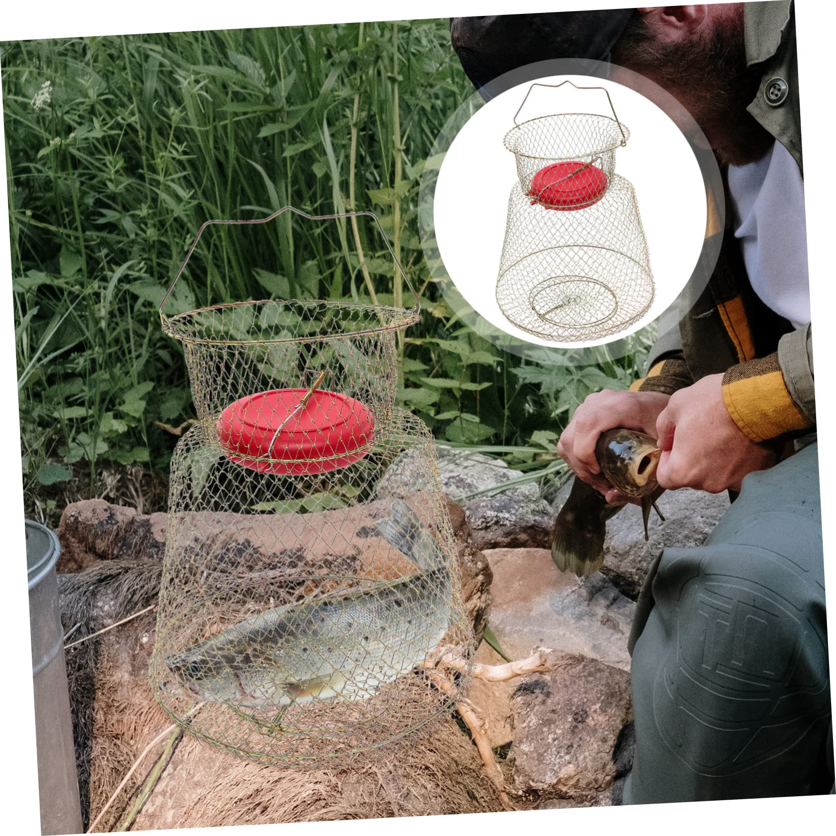 Cestino da Pesca per Pescare e Conservare Pesci in Ferro Resistente All'usura con Ciotola Galleggiante, Nassa Portatile su Terraferma