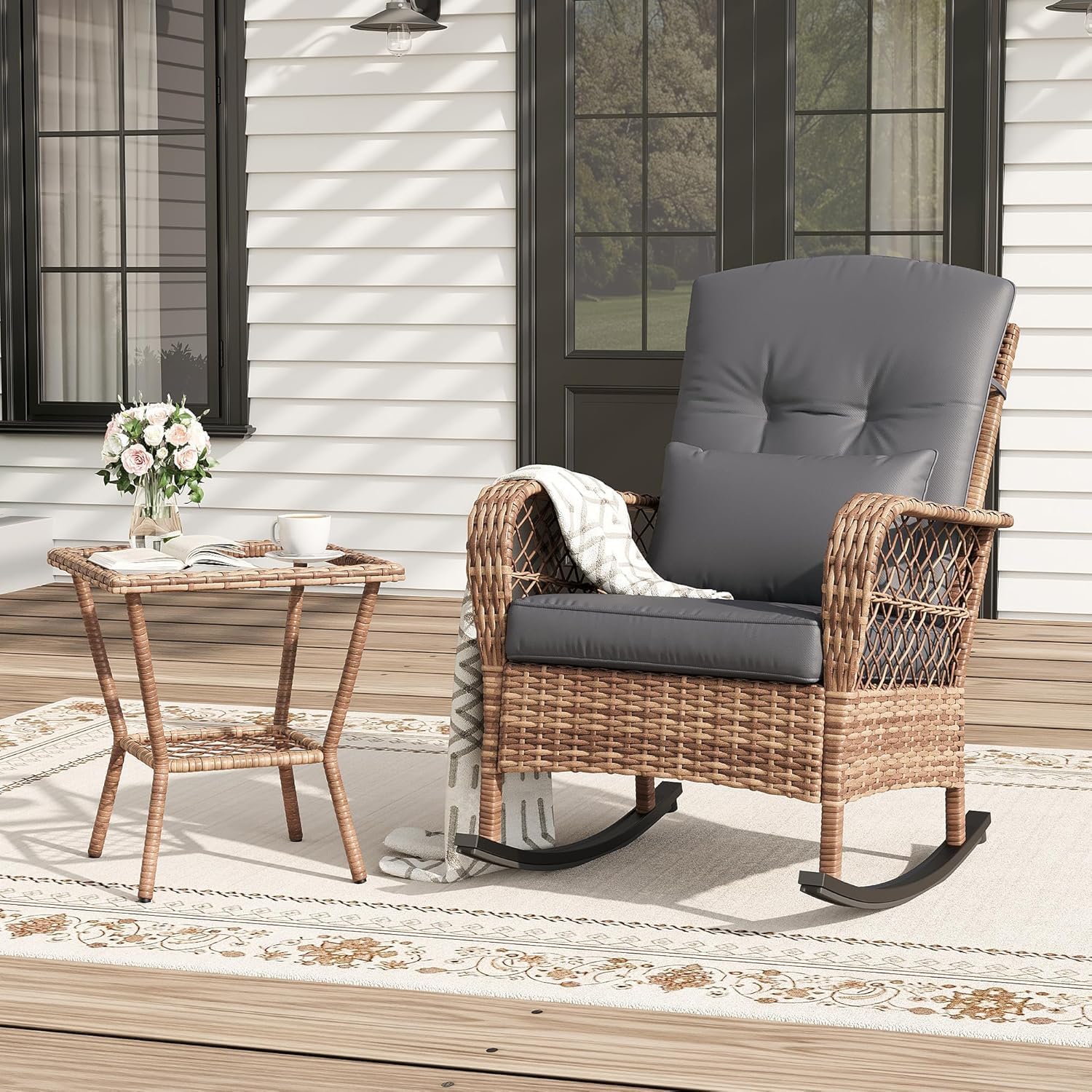 Crevyteg Outdoor Wicker Rocking Chair, 1-Piece Rattan Patio Bistro with Cushions, Pillows, Weather-Resistant Garden Conversation Sofa for Porch, Balcony, Decking, Conservatory Furniture, Gray