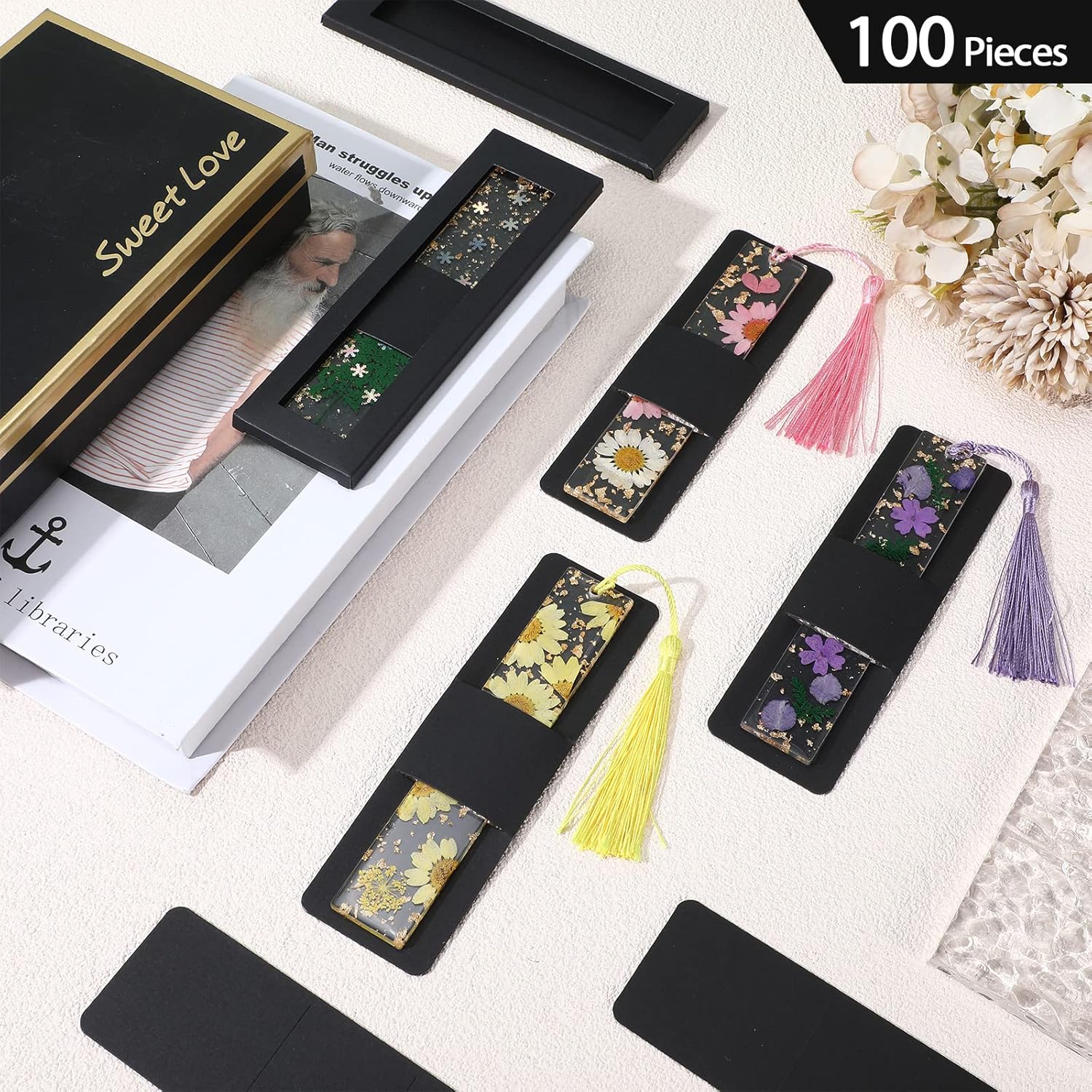 Roowest 50 Set Kraft Bookmark Boxes Sleeves Resin Bookmark Holder 5.9 x 1.8'' Cardboard Gift Boxes DIY Blank Display Cards for Wrapping Gift Supplies(Black)