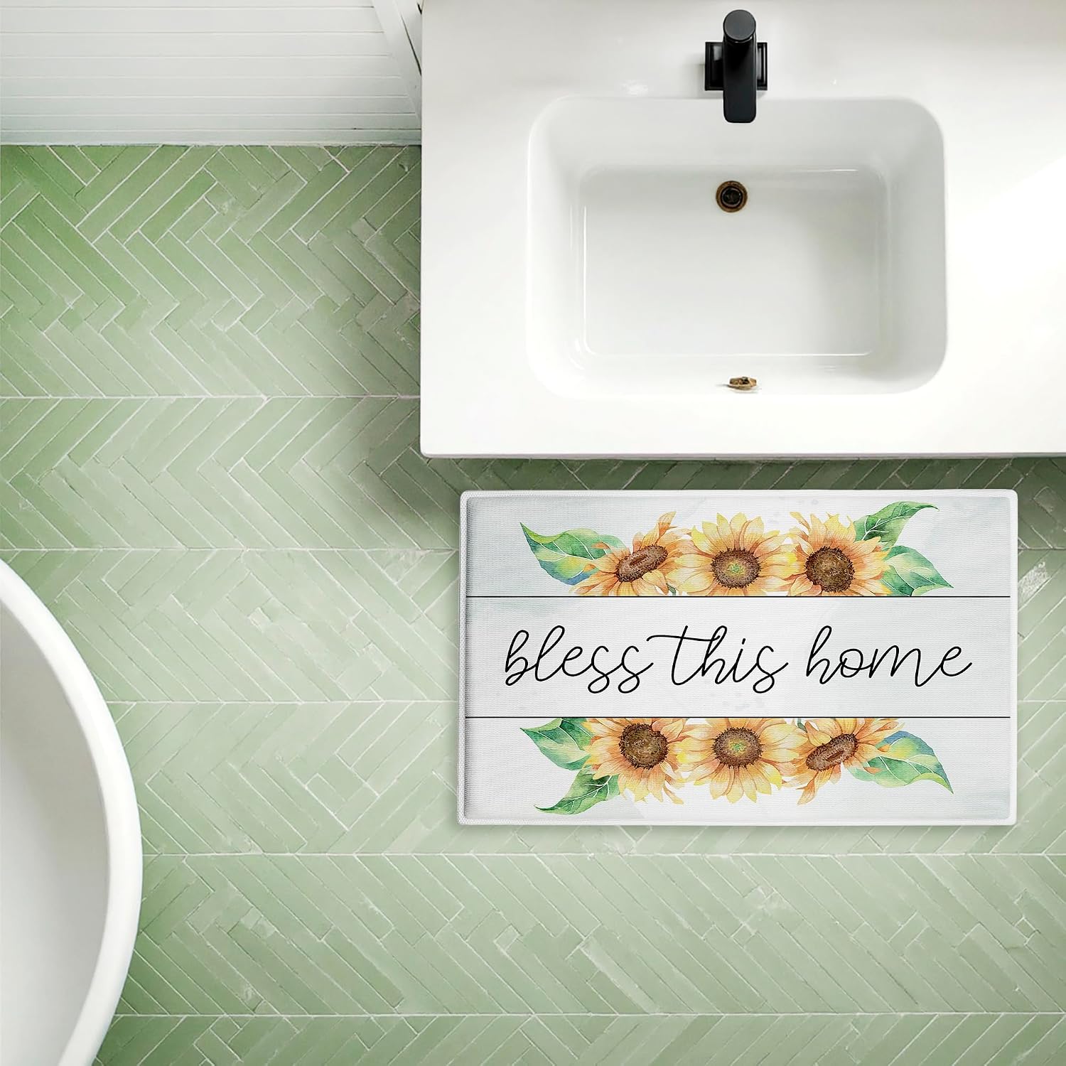 Bless This Home Sunflowers Plush Bathroom Mat & Bath Rug, Soft Quick-Dry Non-Slip Bathroom Rug with Recycled Foam Cushion, Farmhouse Rustic Floral Typography Design by Kim Allen, 18"x30"