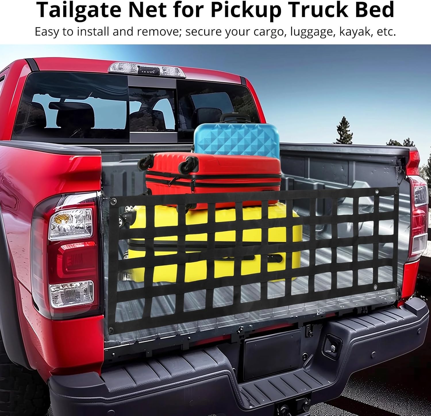 Tailgate Net - 60 x 18 Full Size Polyester Net with 4 Carabiners, Easy to Install, Compatible with Chevy, Ford, Toyota, Ram