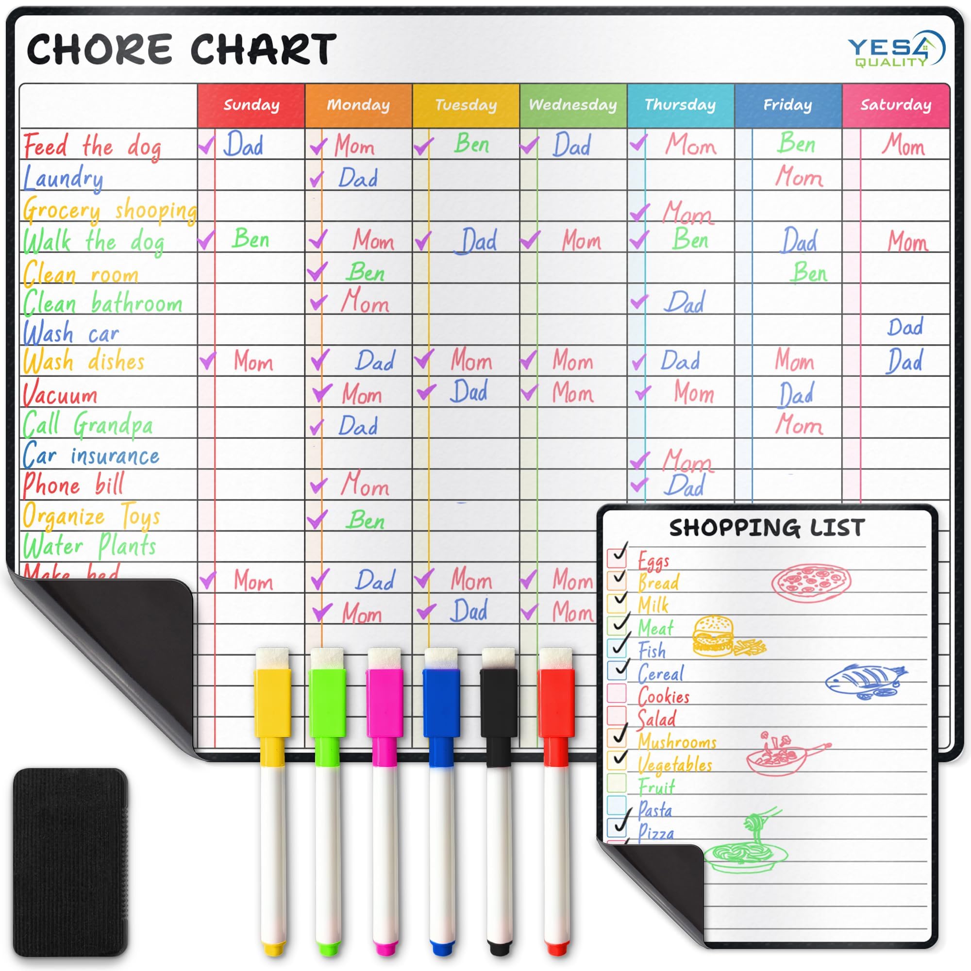 Magnetic Dry Erase Chore Chart for Fridge - 36 x 29 cm - Whiteboard Organiser with Shopping List, 6 Colourful Markers & Eraser - Refrigerator White Board for Family Tasks & Schedules - by Yes4Quality
