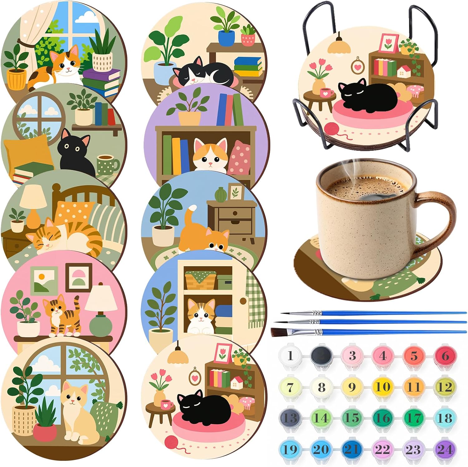 Tillfuru 10 Pcs Wood Coasters Painting by Numbers Kit for Adults, Cat
