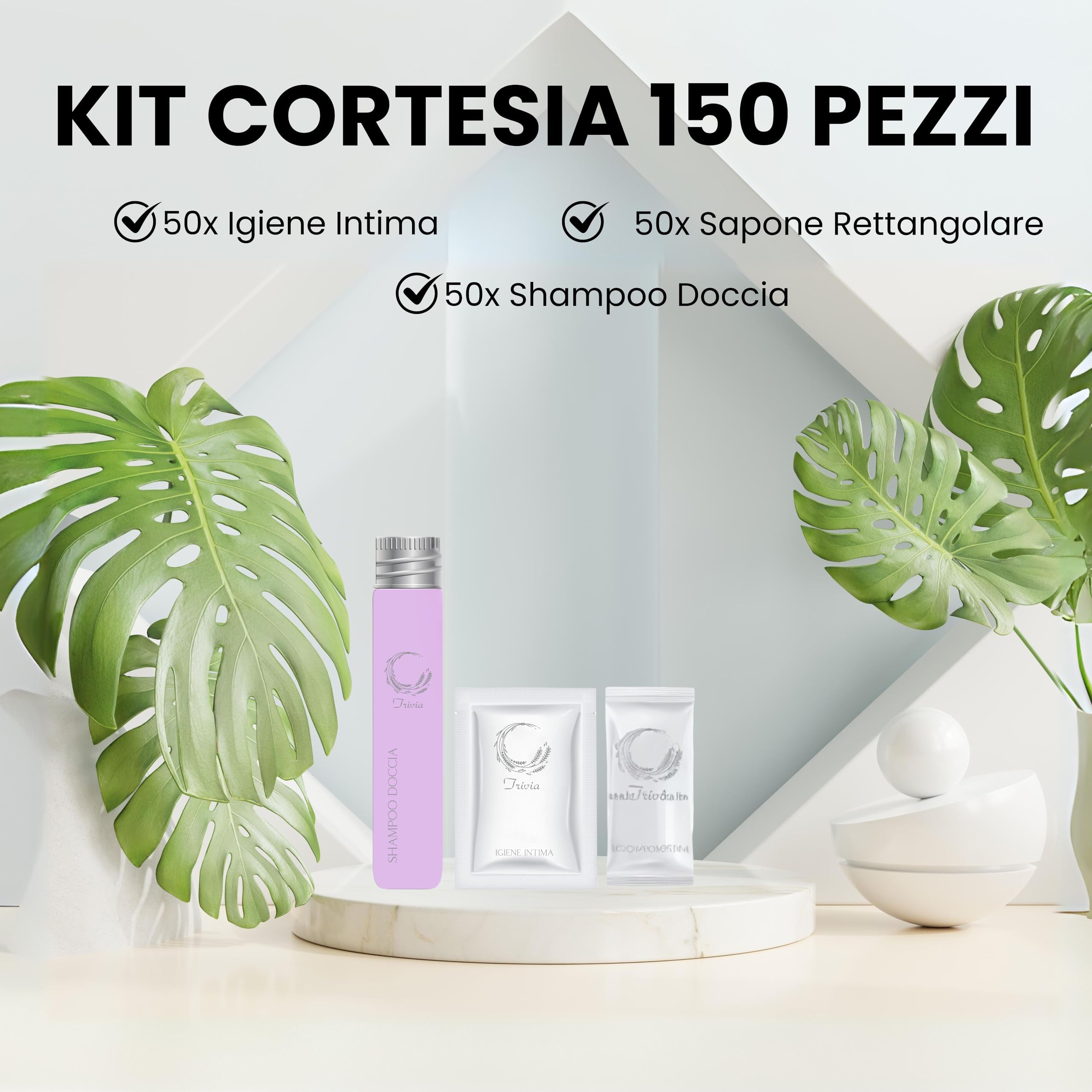 Kit Cortesia B&B Hotel Bagno Monouso 150 pezzi: 50x Shampoo Doccia Flacone 30ml 50x Igiene Intima Bustina 10ml 50x Sapone Rettangolare per Set Cortesia Bagno B&B Hotel Albergo