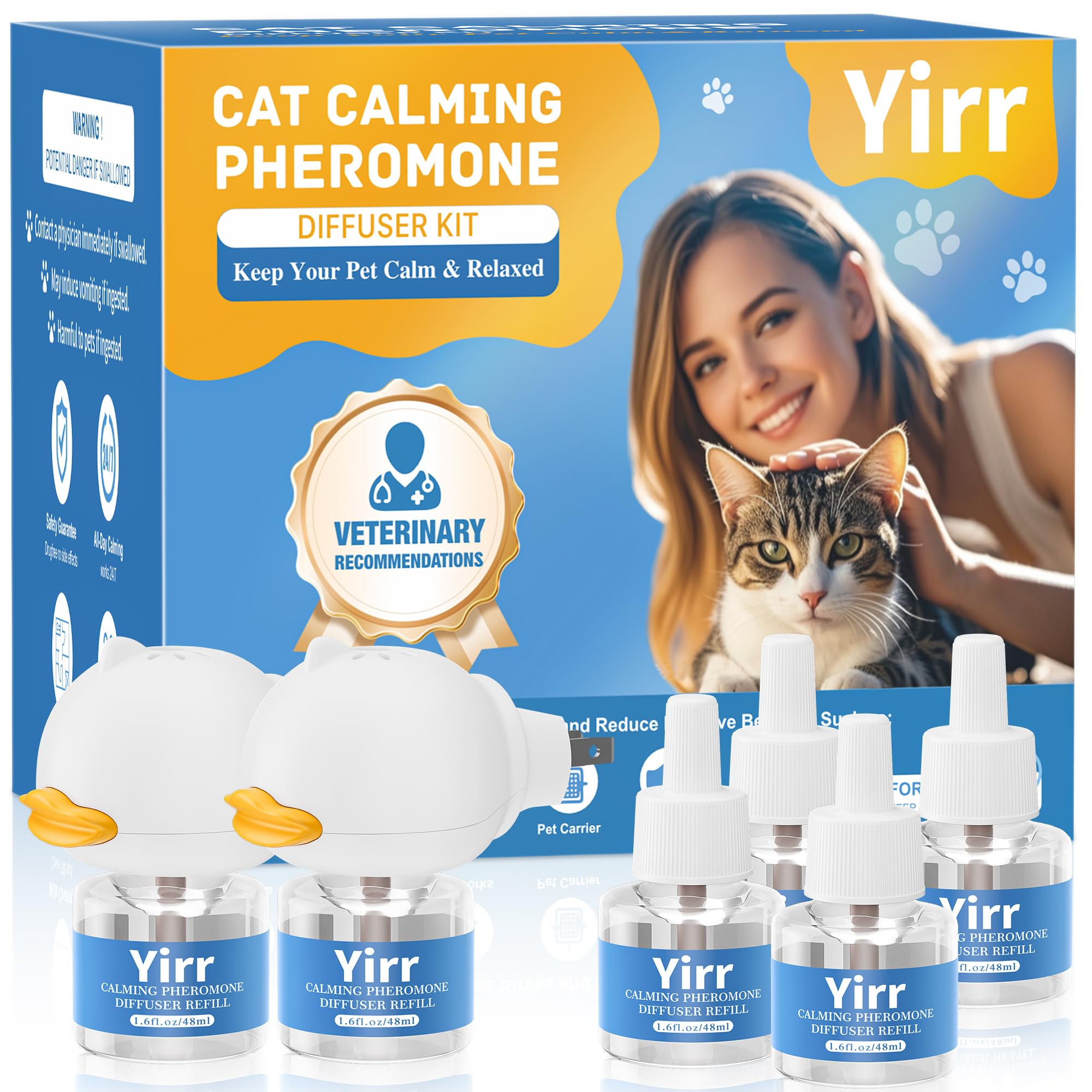 Yirr Cat Calming Diffuser, 6 in 1 Kitten Pheromones Calming Diffuser, Multicat Calming Diffuser, Relaxing Pheromone for Cat Relief Stress Anxiety Fighting Scratching, 2 Diffuser 4 Refill(48ml)