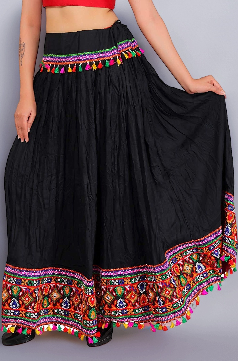 Kutchi Embroidered Border Ethnic Gujarati Style Cotton Rayon Long Skirt/Chaniya