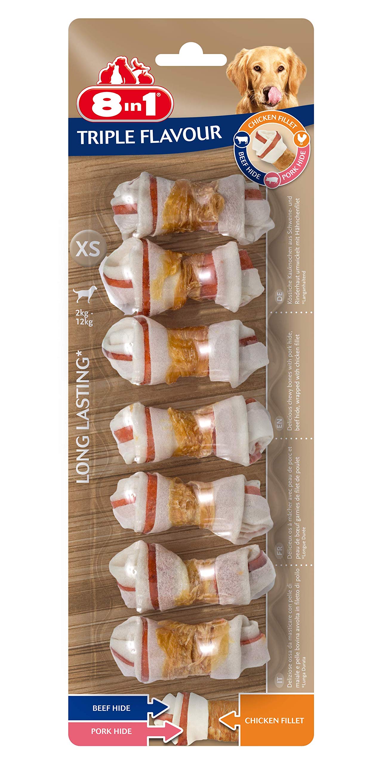 8in1 Triple Flavour Bones XS - Huesos de Perro masticables con Filete de Pollo, Piel de Cerdo y Piel de Res, 7 uds.