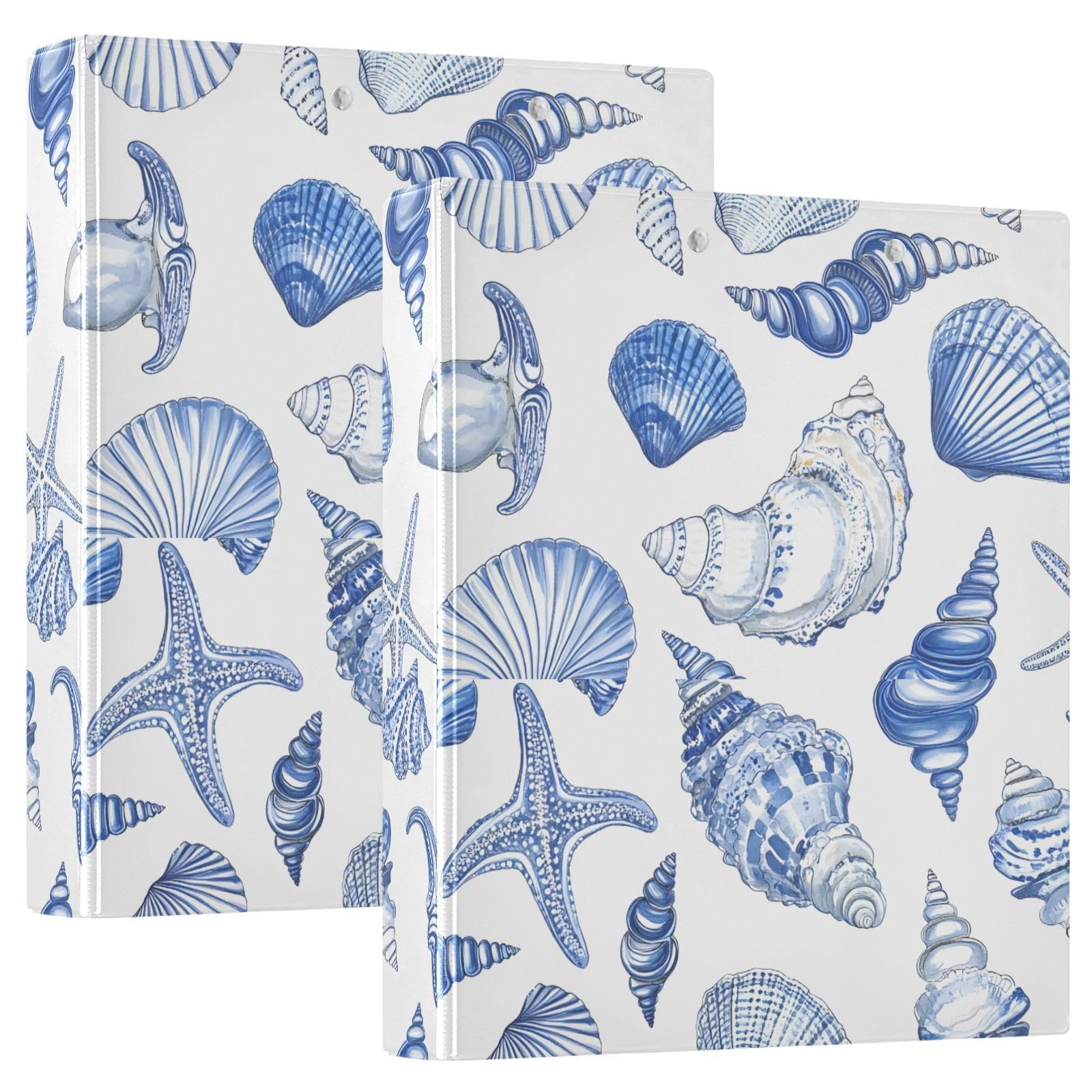Blue Seashells Ocean Nautical Coastal 3 Ring Binder with 2 Interior Pockets 1.5 inch Binders 3 Ring Heavy Duty Fit 8.5" x 11" Letter Size for Office School, 2 Pack