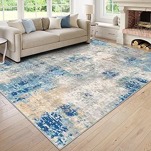 Lahome Modern Abstract Living Room Rug, Washable 8x10 Area Rugs for Bedroom Stain Resistant Non Slip, Large Blue Soft Indoor Carpet for Dining Room Table Apartment, Blue/Grey