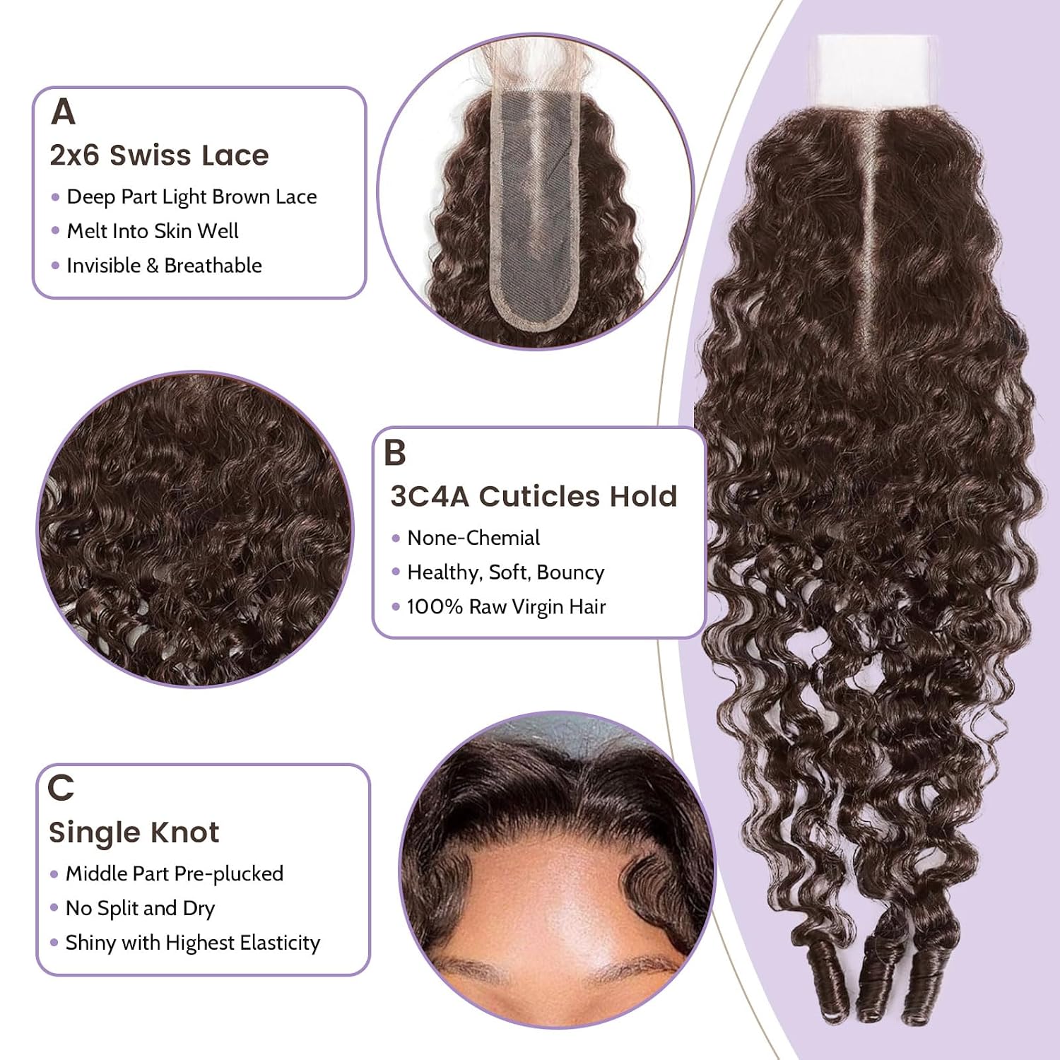 2x6 Burmese Curly Lace Closure 4# Chocolate Brown Color 100% Real Human Hair 20 Inch Transparent Lace Burmese Curly Closure Colored