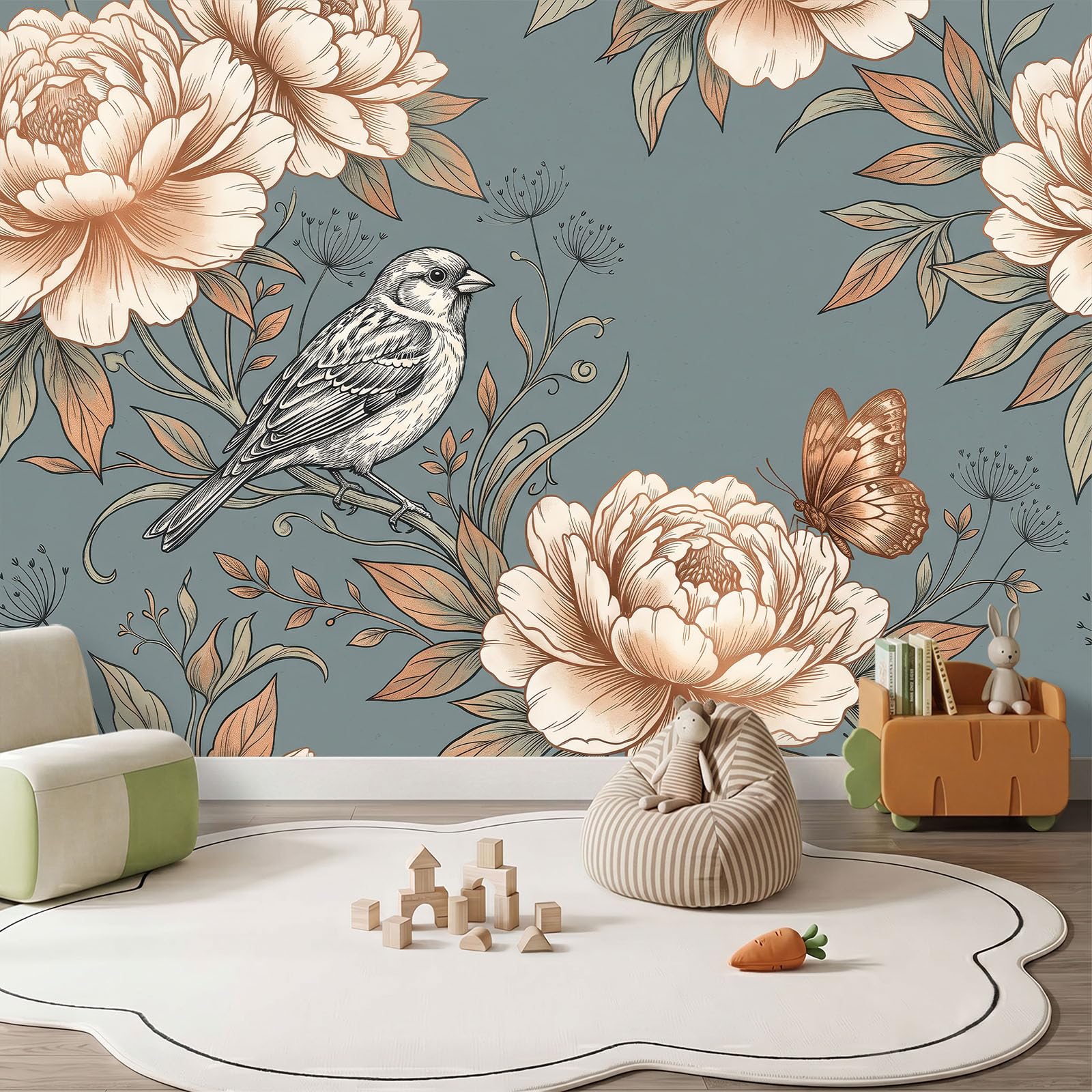 Tapeta z włókniny w stylu retro z motywem kwiatu piwonii i wróbla 200 x 140 cm do pokoi dziecięcych, tapeta z flizeliny, ptak rośliny i kwiaty, fototapeta do salonu