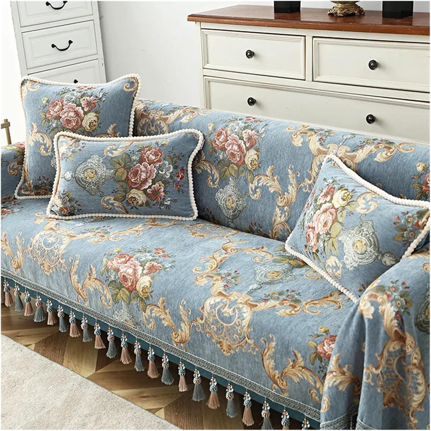 Vintage Sofa Cover Tassel Sofa Slipcover Couch Cover 1/2/3/4 Seater Jacquard Flower Single Furniture Recliner Chaise Sofa Towel(Beige-E,3 Seater-190x300cm)