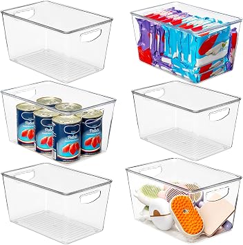 6 Pack Clear Storage Bins with Lids Stackable, Large Plastic Storage Bins with Handle for Pantry Organization and Storage, Perfect Containers for Fridge Organizer, Freezer, Kitchen, Cabinets, Bathroom