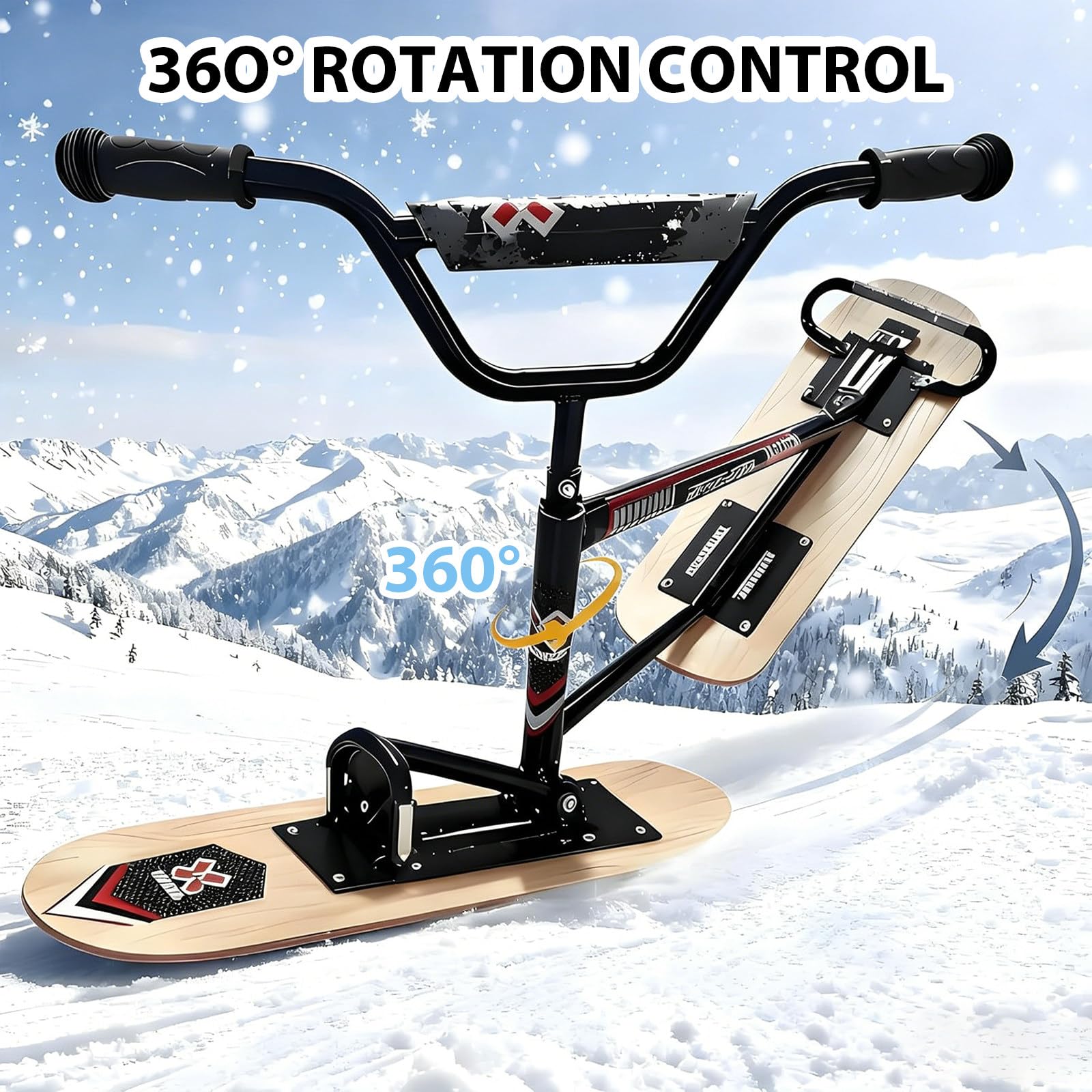 Schneemobil/Skier 2026, Schneescooter, Leichte Skier Mit 360° Drehbaren Hinterskiern, Verstärktem Aluminiumlegierungsrahmen Und Doppelboard-Design Woodcolor