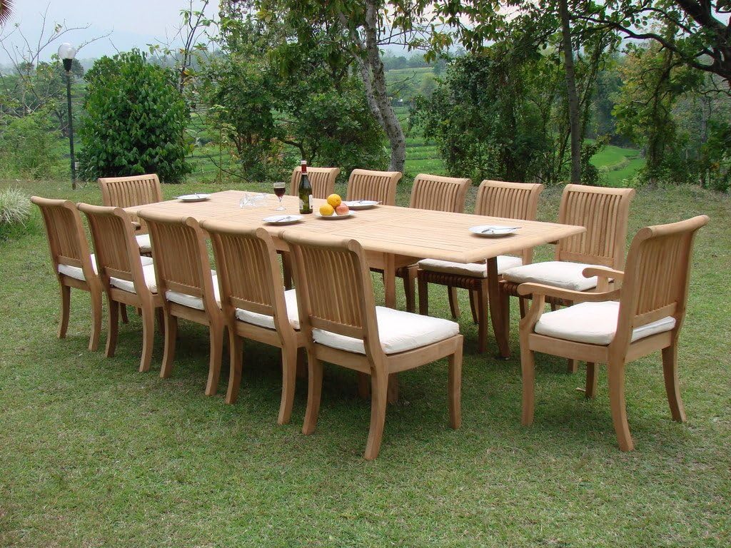 12 Seater Grade-A Teak Wood 13pc Dining Set: 117" Double Extension Rectangle Table 12 Giva Chairs (10 Armless and 2 Arm/Captain) #TSDSGVp