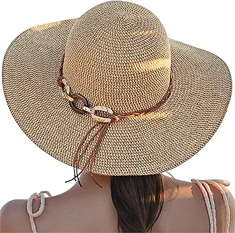 Beach Hats for Women - Sun Hat Womens, Wide Brim Straw Womens Sun Hat with Wind Lanyard Roll Up Foldable UV Protection