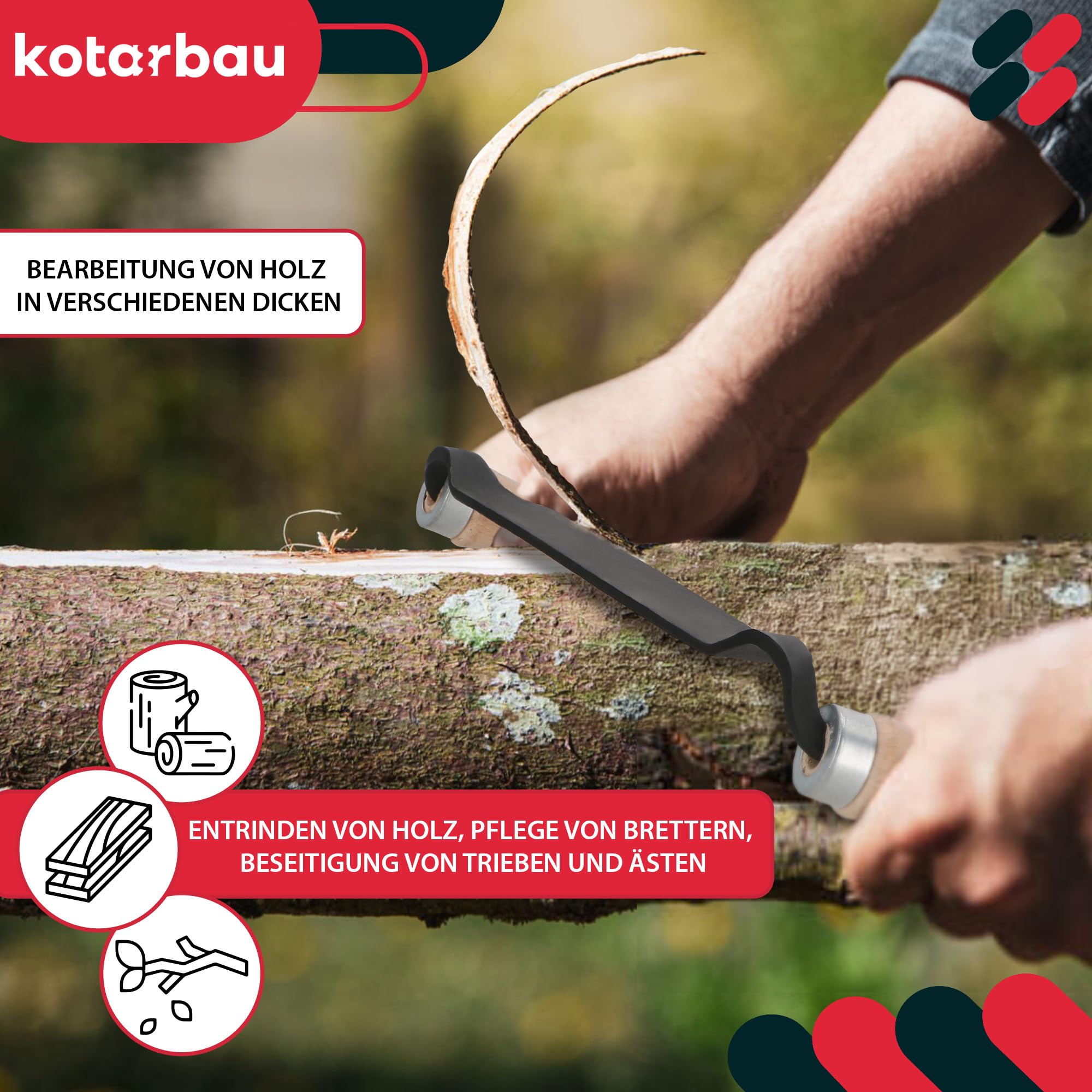 KOTARBAU® Coltello da Trafila - Coltello da Traino - Acciaio al Carbonio - 280 mm - Scortecciatrice per Lavorazione del Legno - Nero - Utensile Manuale per Scortecciare - Manici Ergonomici in Legno