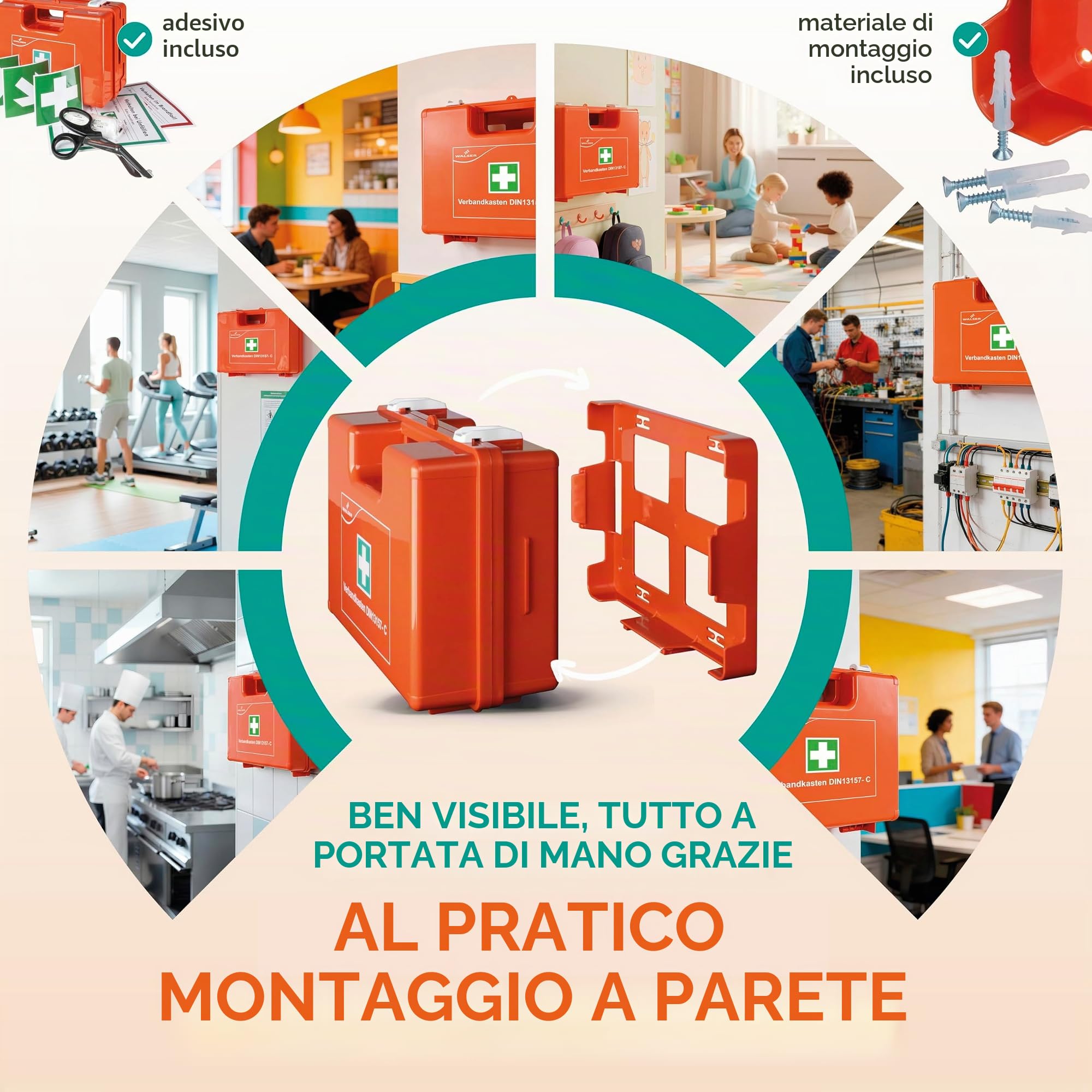 WALSER cassetta di pronto soccorso conforme alla norma DIN 13157:2021, cassetta aziendale, kit sanitario da 84 pezzi